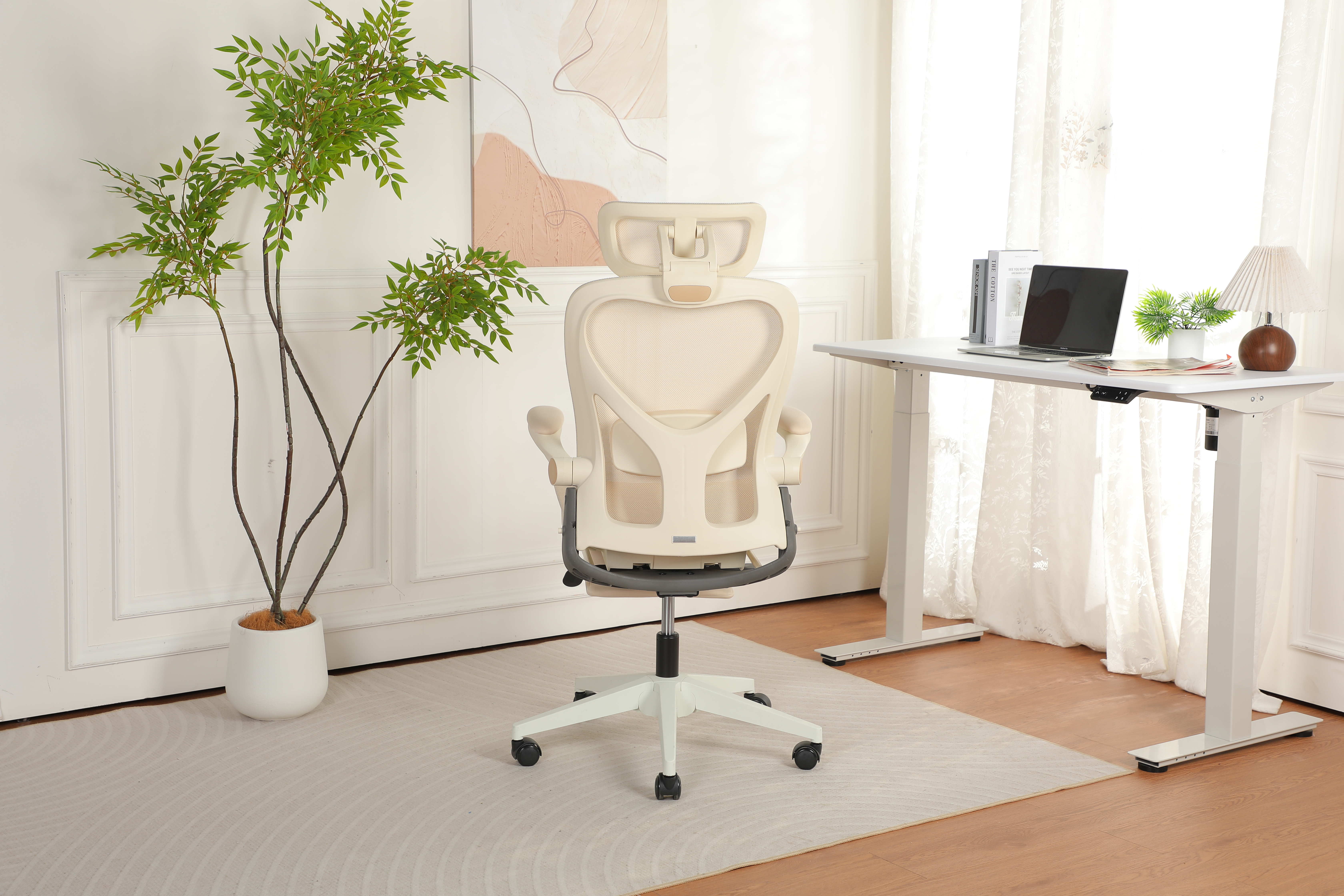 Chaise de bureau, 1 pièce, pliable, appui-tête réglable, 62 x 48,5 x 129 cm, Mesh, crème - vue 5