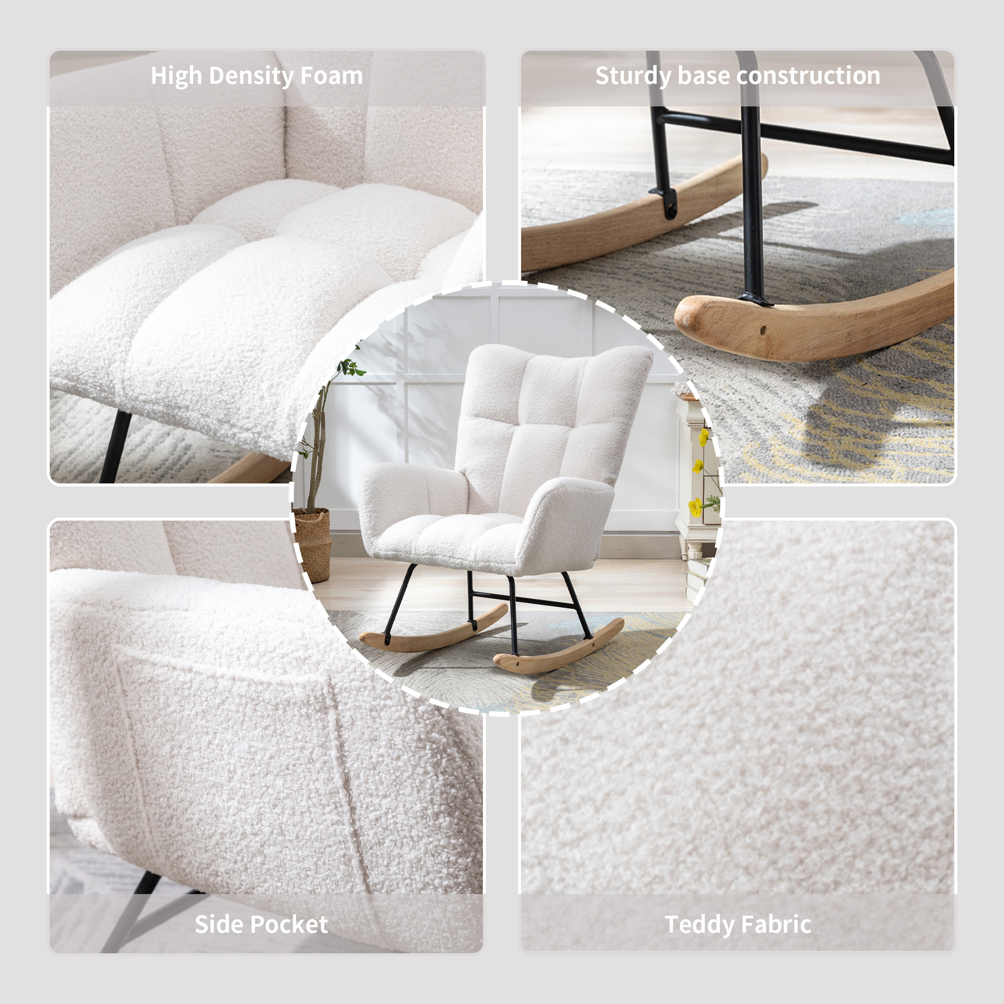 Fauteuil à bascule, 1 pièce, 65 x 77 x 90 cm, bois massif et tissu, blanc - vue 3