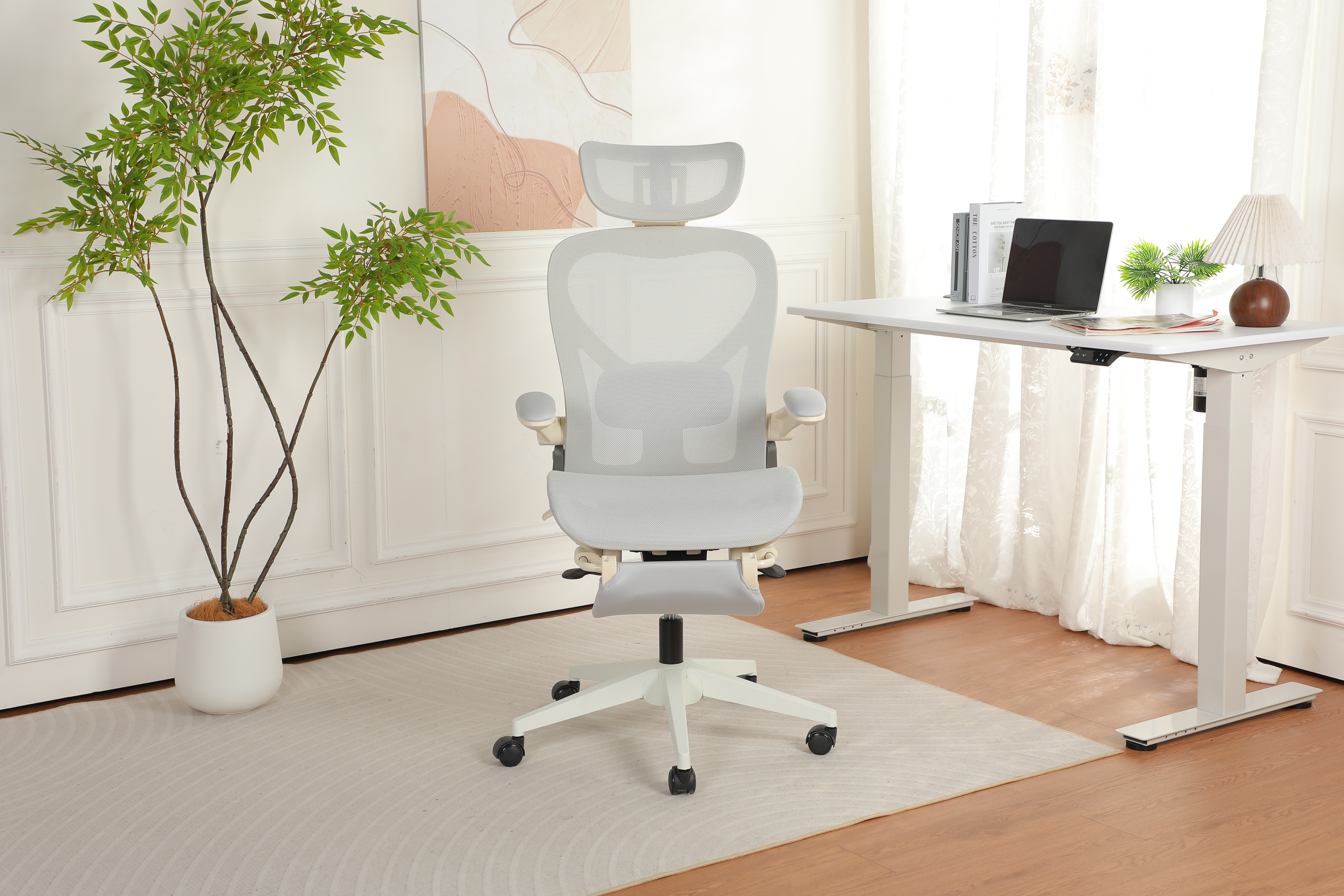 Chaise de bureau, 1 pièce, pliable, appui-tête réglable, 62 x 48,5 x 129 cm, Mesh, gris - vue 5