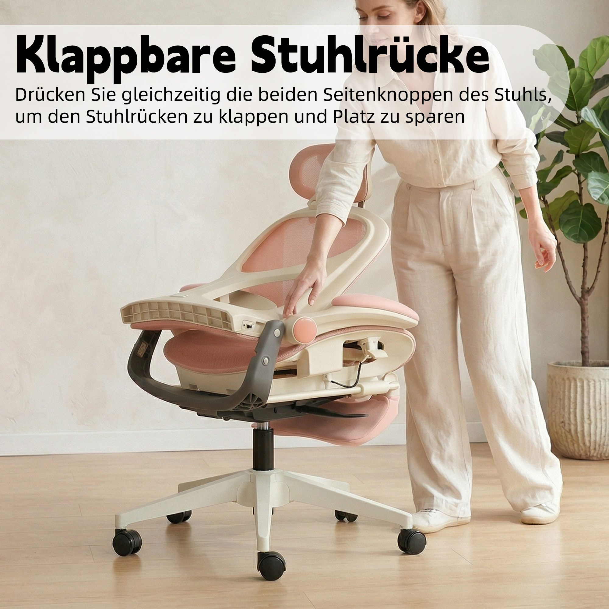 Chaise de bureau, 1 pièce, pliable, appui-tête réglable, 62 x 48,5 x 129 cm, Mesh, rose - vue 4