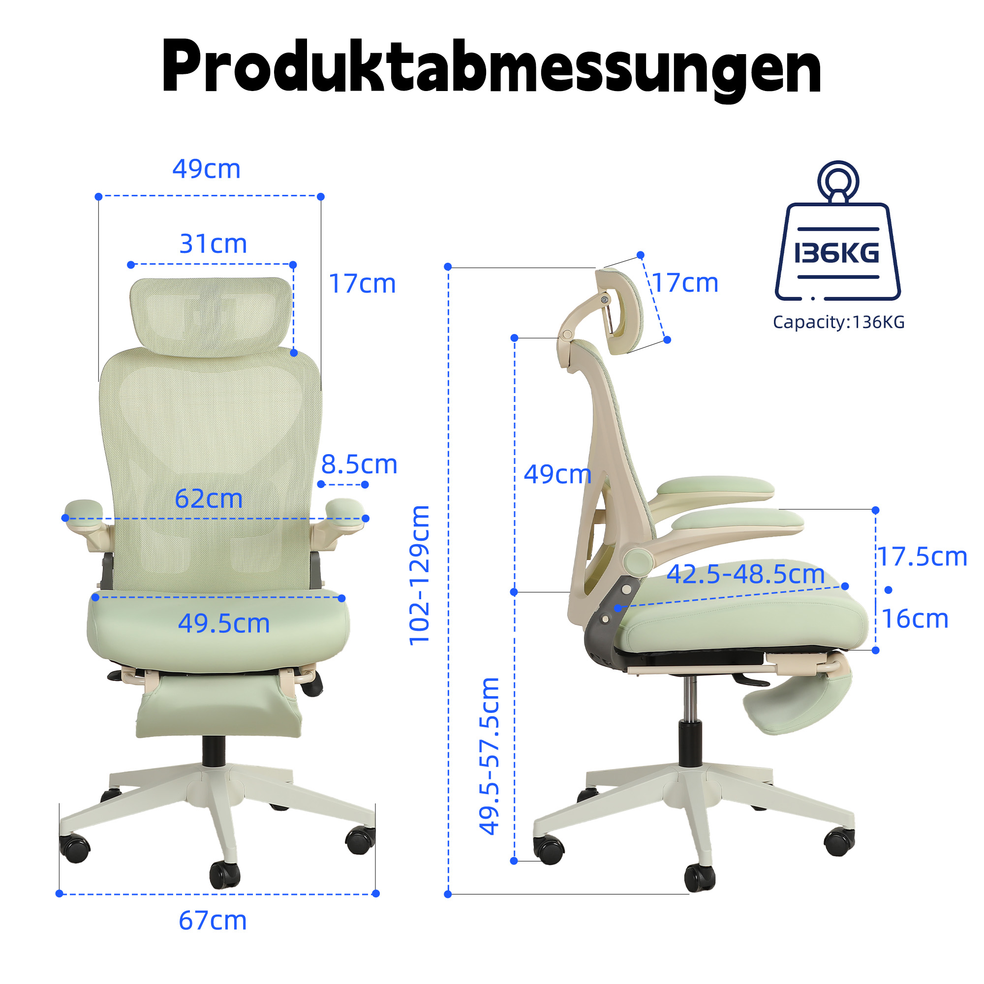 Chaise de bureau, 1 pièce, pliable, appui-tête réglable, 62 x 48,5 x 129 cm, mousse, vert - vue 2