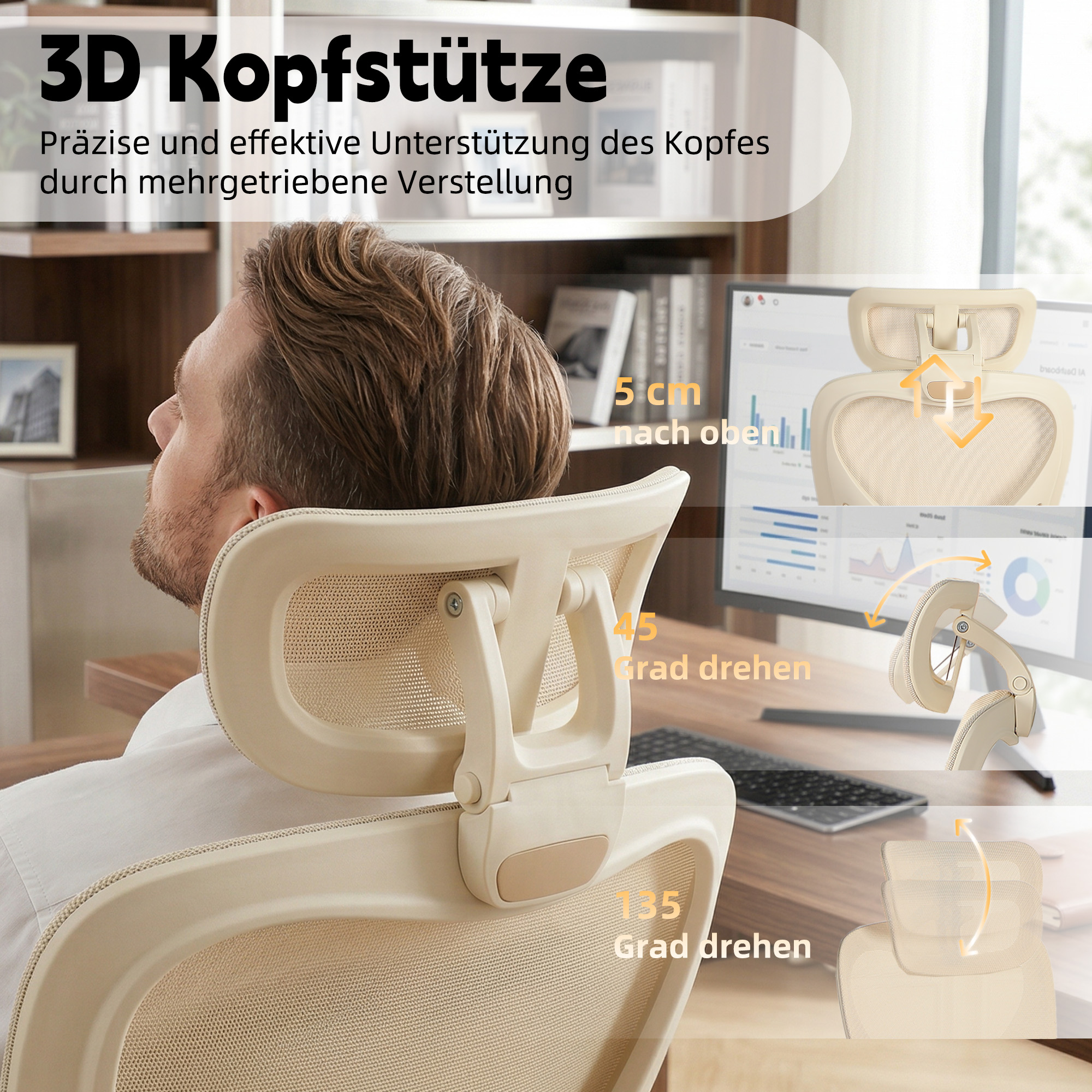 Chaise de bureau, 1 pièce, pliable, appui-tête réglable, 62 x 48,5 x 129 cm, Mesh, crème - vue 2