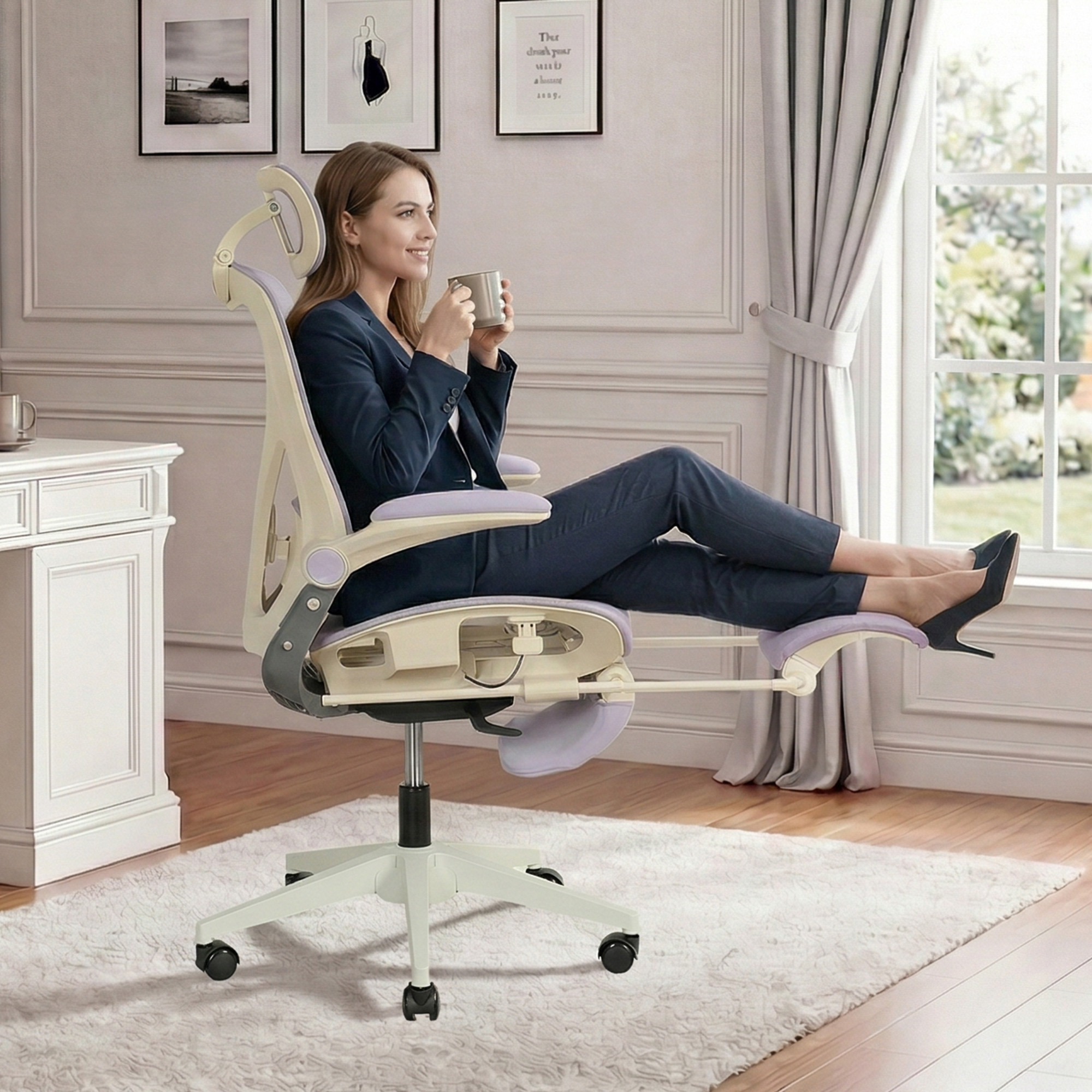 Chaise de bureau, 1 pièce, pliable, appui-tête réglable, 62 x 48,5 x 129 cm, Mesh, Purple - vue 5