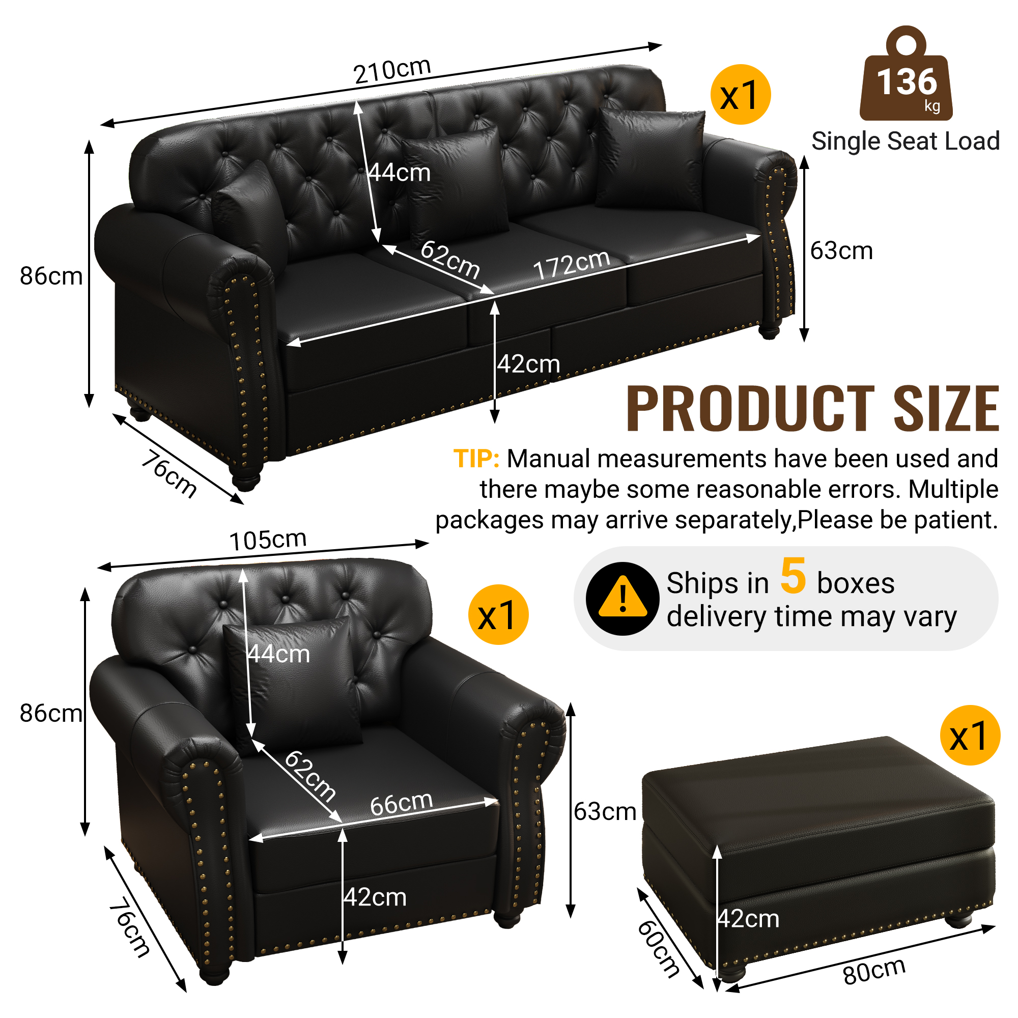 Image 3 – Canapé Chesterfield noir – 105 x 76 x 86 cm