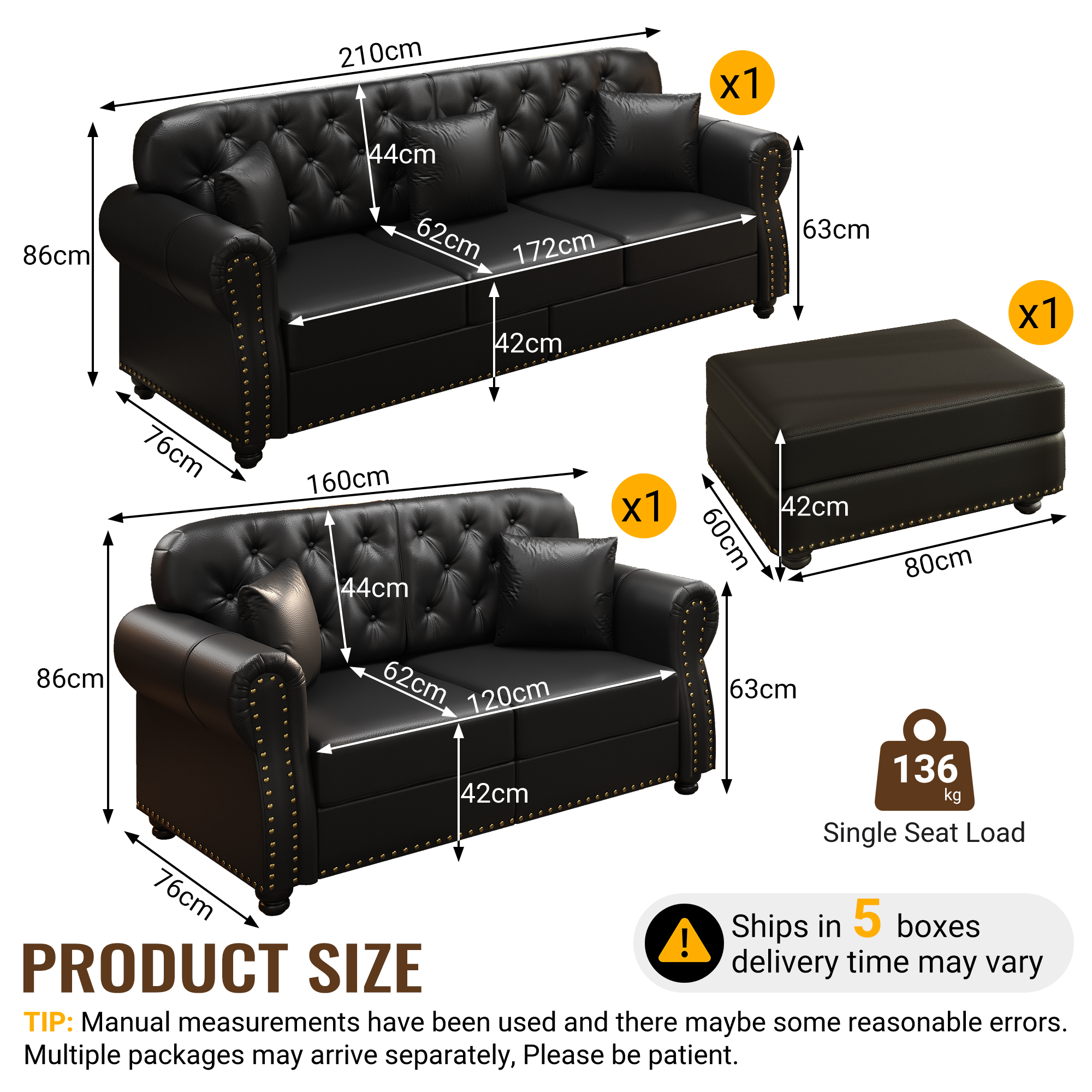 Image 3 – Canapé Chesterfield noir – 160 x 76 x 86 cm