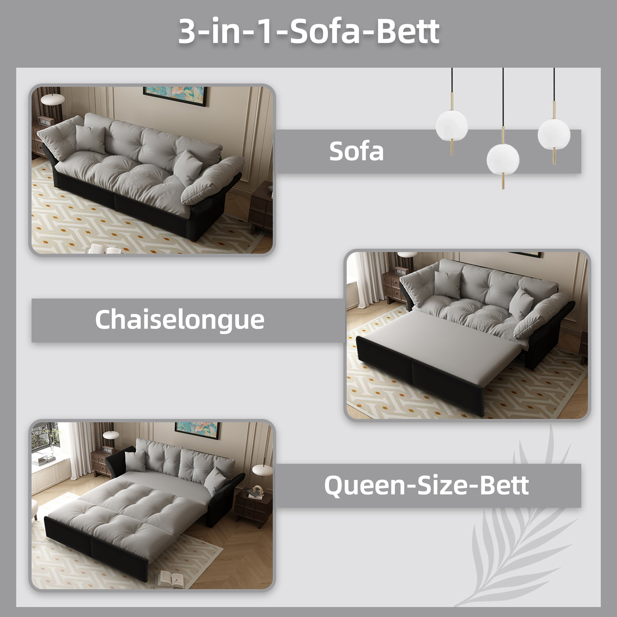 Canapé-lit convertible 3-en-1, velours, mousse haute qualité, structure acier premium, se transforme en chaise longue ou lit Queen, pour salon et chambre, confort assise et couchage, design haut de gamme - image 6