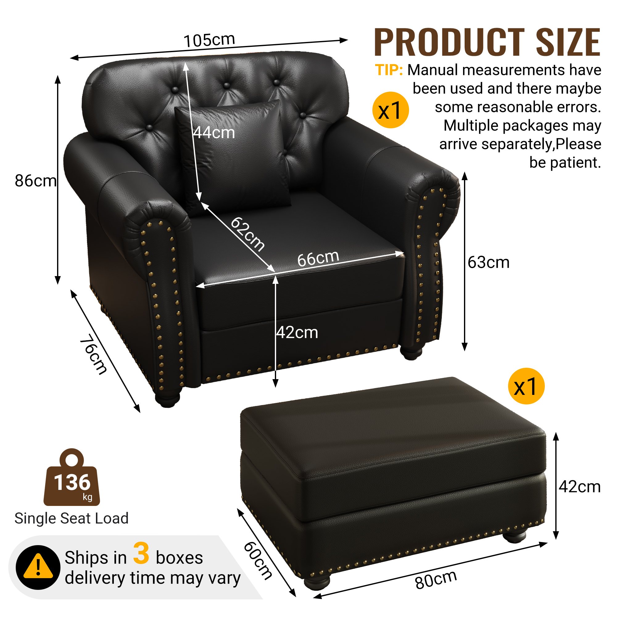 Image 3 – Canapé Chesterfield noir – 105 x 76 x 86 cm