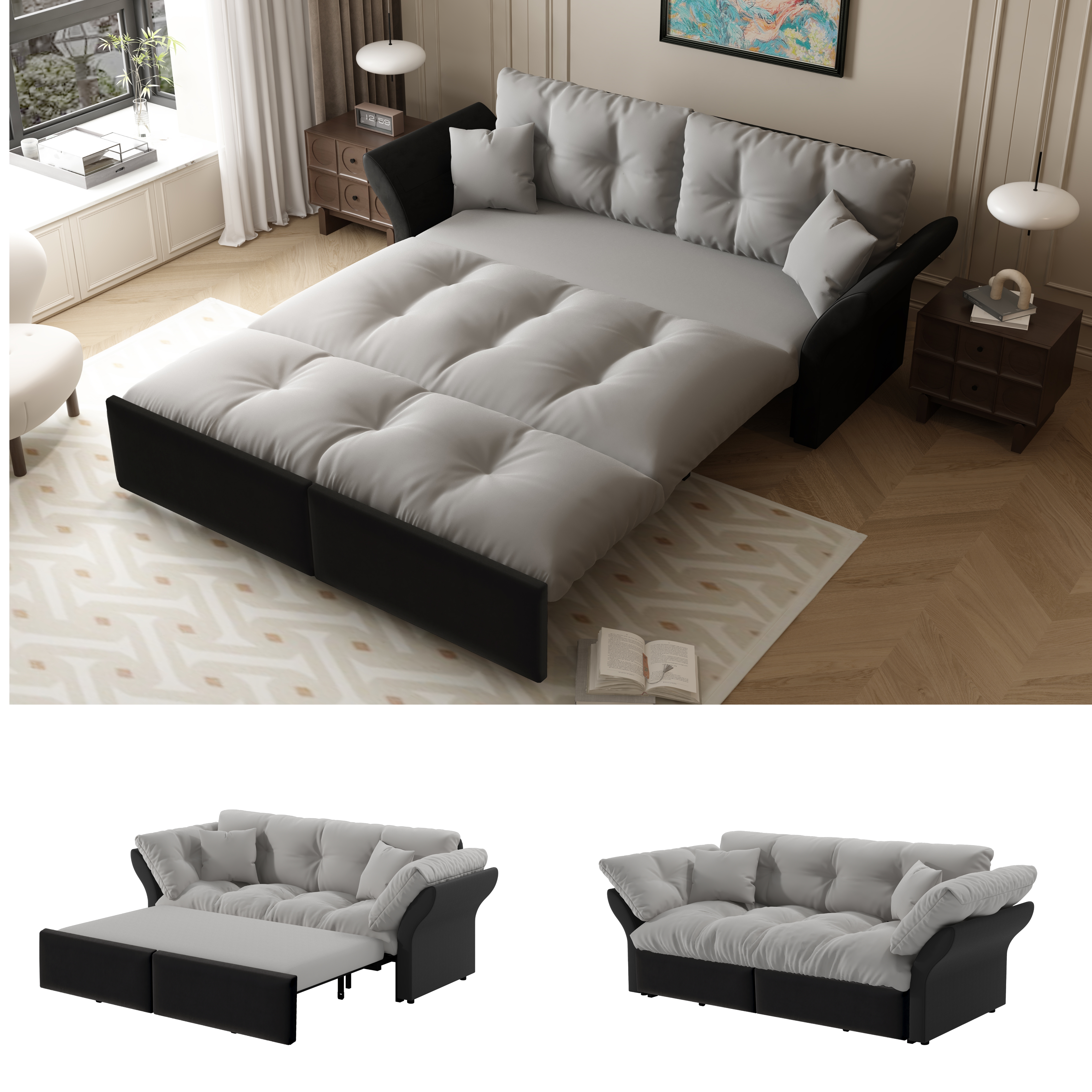 Canapé-lit 3-en-1 queen size Light Grey velours 190x85x91 cm - vue 1