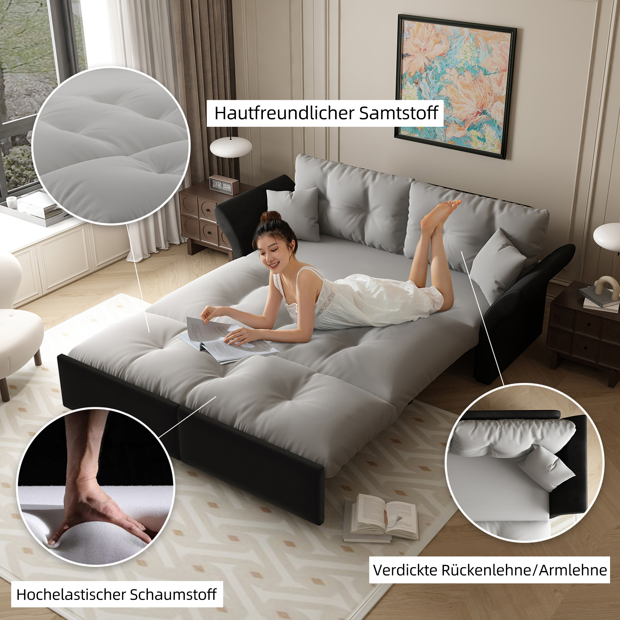 Canapé-lit convertible 3-en-1, velours, mousse haute qualité, structure acier premium, se transforme en chaise longue ou lit Queen, pour salon et chambre, confort assise et couchage, design haut de gamme - image 7