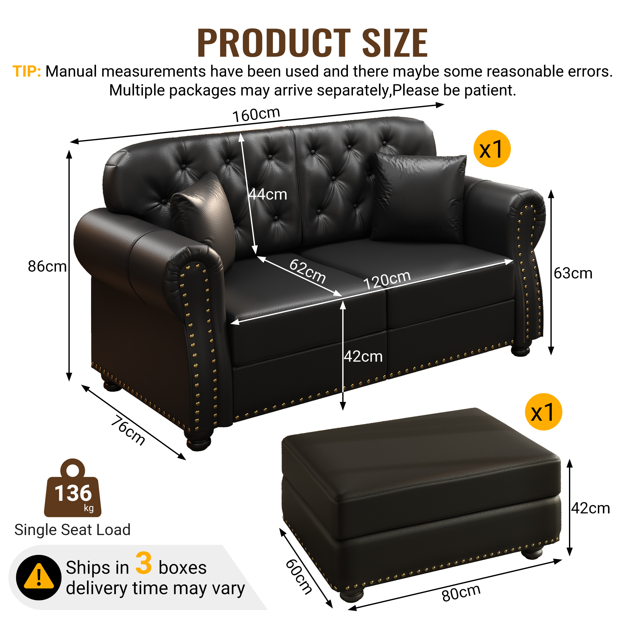 Image 3 – Canapé Chesterfield noir – 160 x 76 x 86 cm