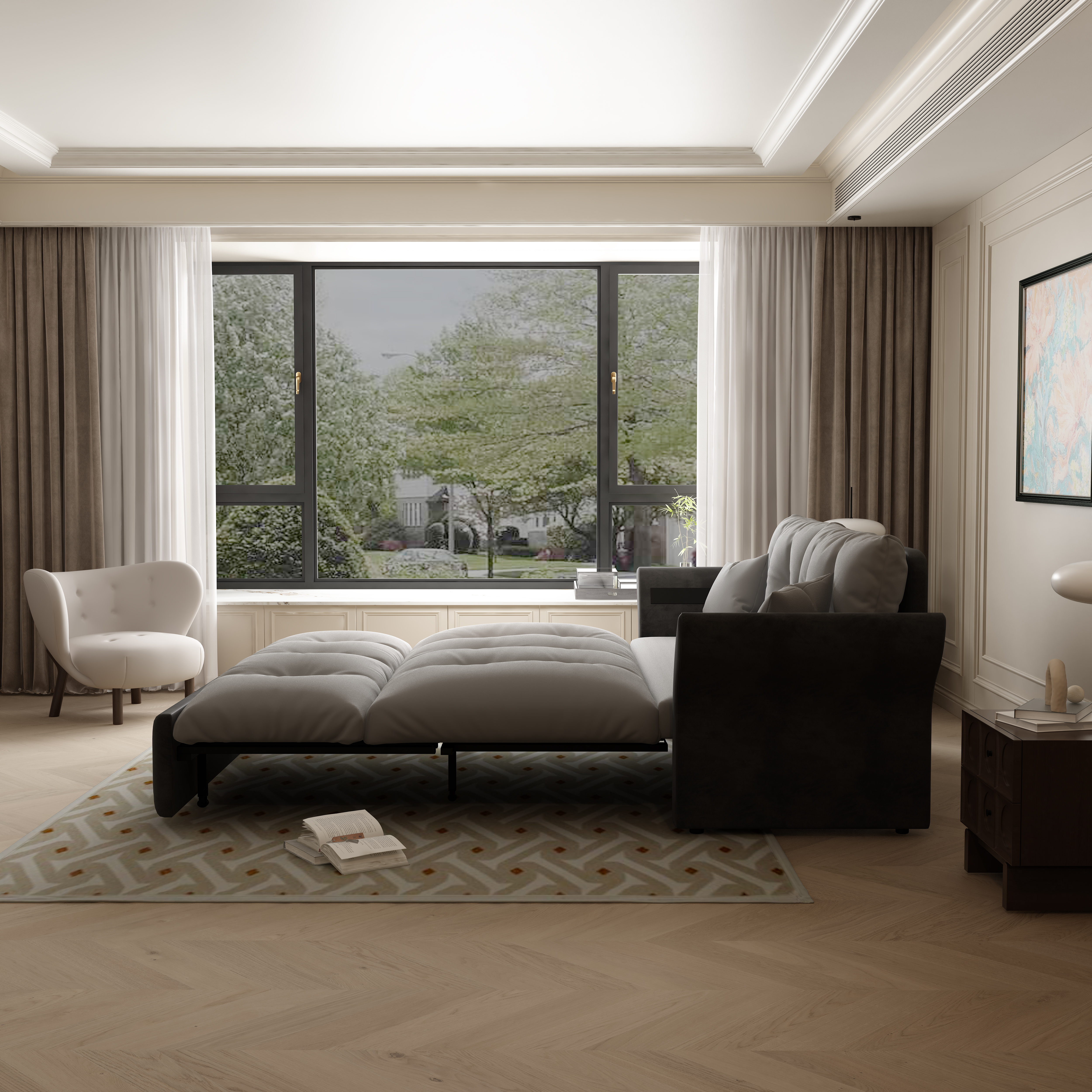 Canapé-lit convertible 3-en-1, velours, mousse haute qualité, structure acier premium, se transforme en chaise longue ou lit Queen, pour salon et chambre, confort assise et couchage, design haut de gamme - image 4
