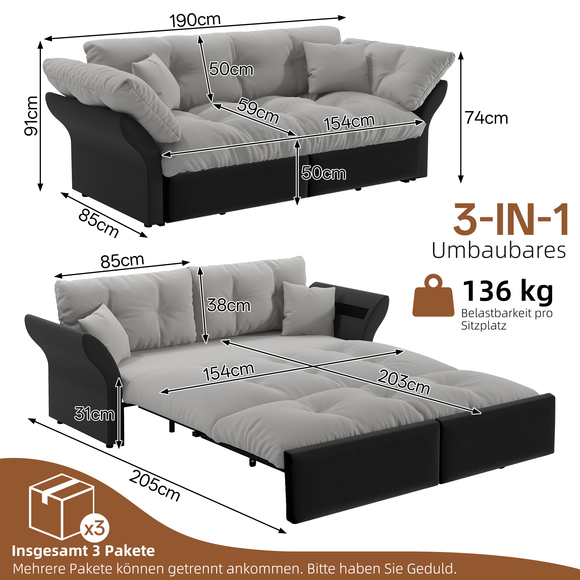Canapé-lit convertible 3-en-1, velours, mousse haute qualité, structure acier premium, se transforme en chaise longue ou lit Queen, pour salon et chambre, confort assise et couchage, design haut de gamme - image 5