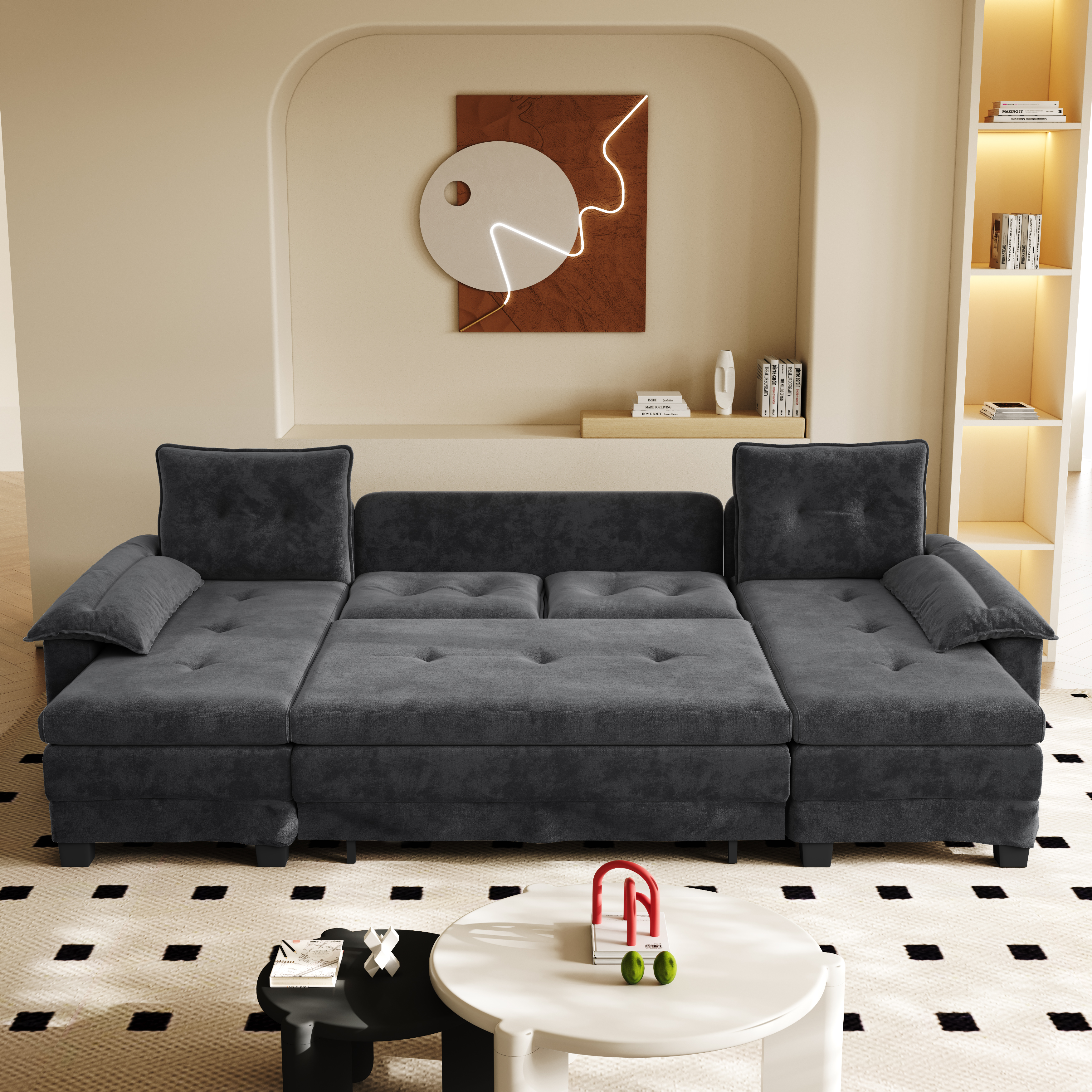Canapé U 3 places Gray chenille lit escamotable USB 278x127x87 cm - vue 3