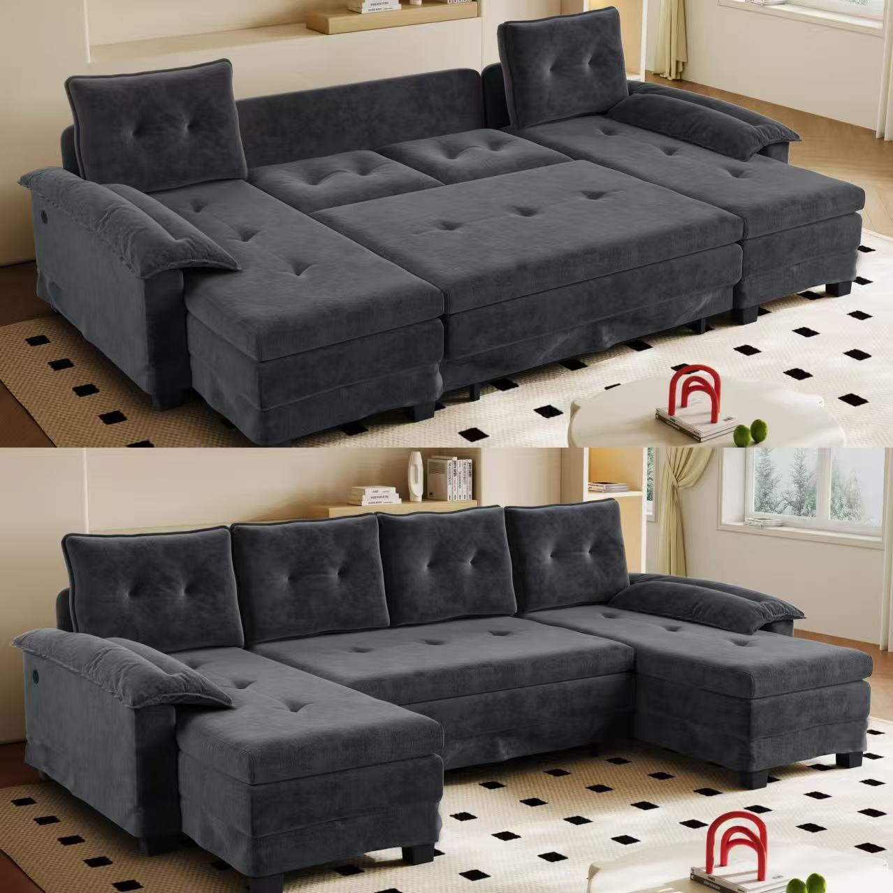 Canapé U 3 places Gray chenille lit escamotable USB 278x127x87 cm - vue 1