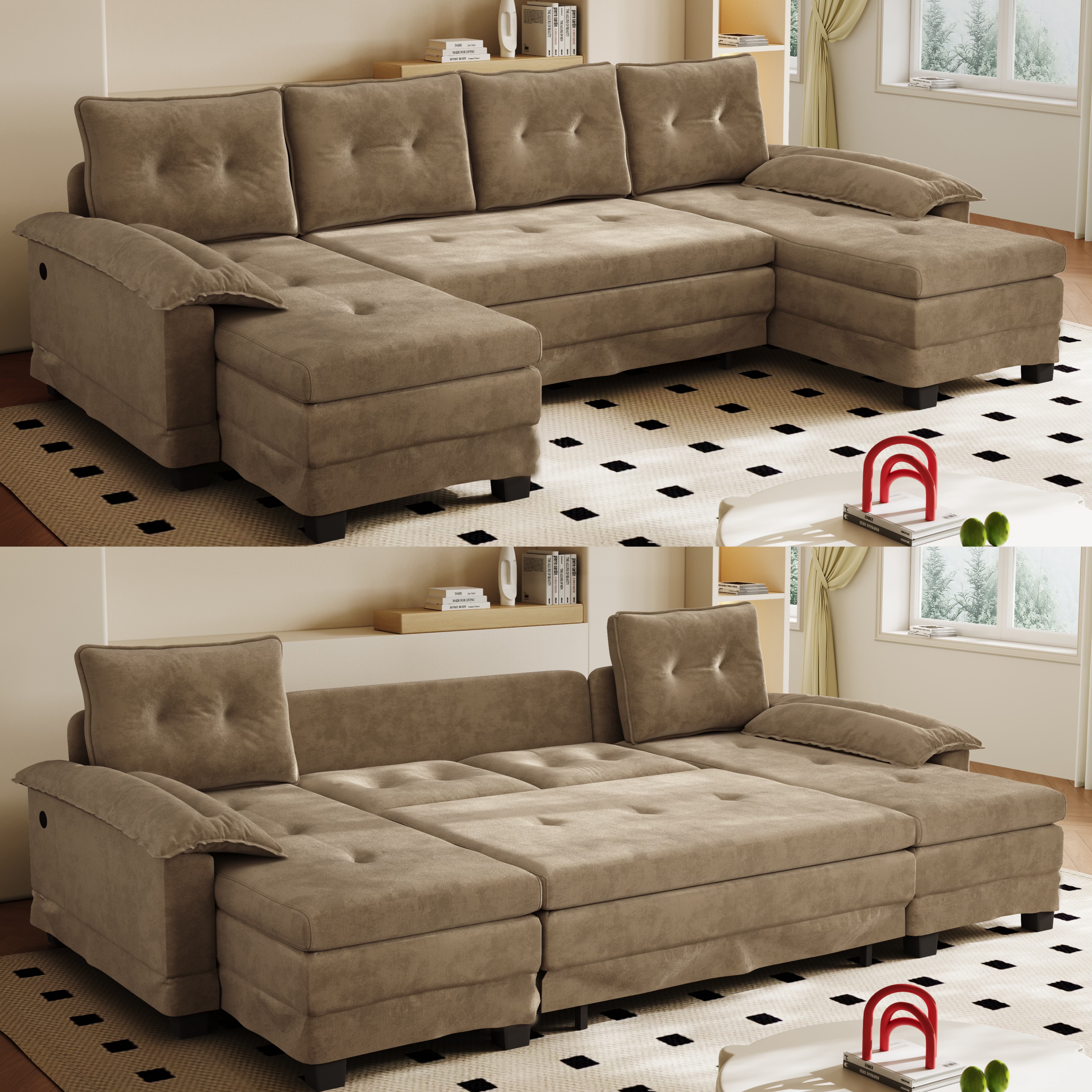 Canapé d’angle modulable convertible 4 places chenille kaki - vue principale