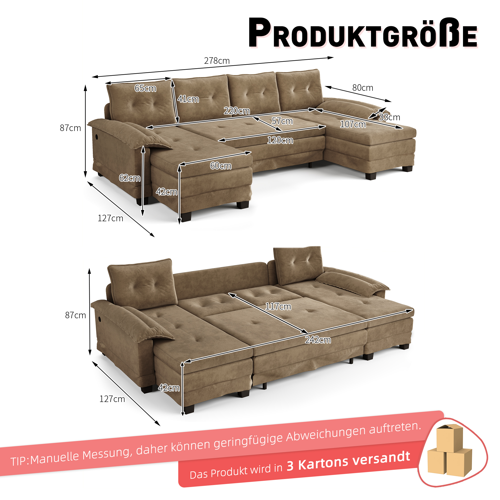 Canapé d’angle modulable convertible 4 places chenille kaki - détails