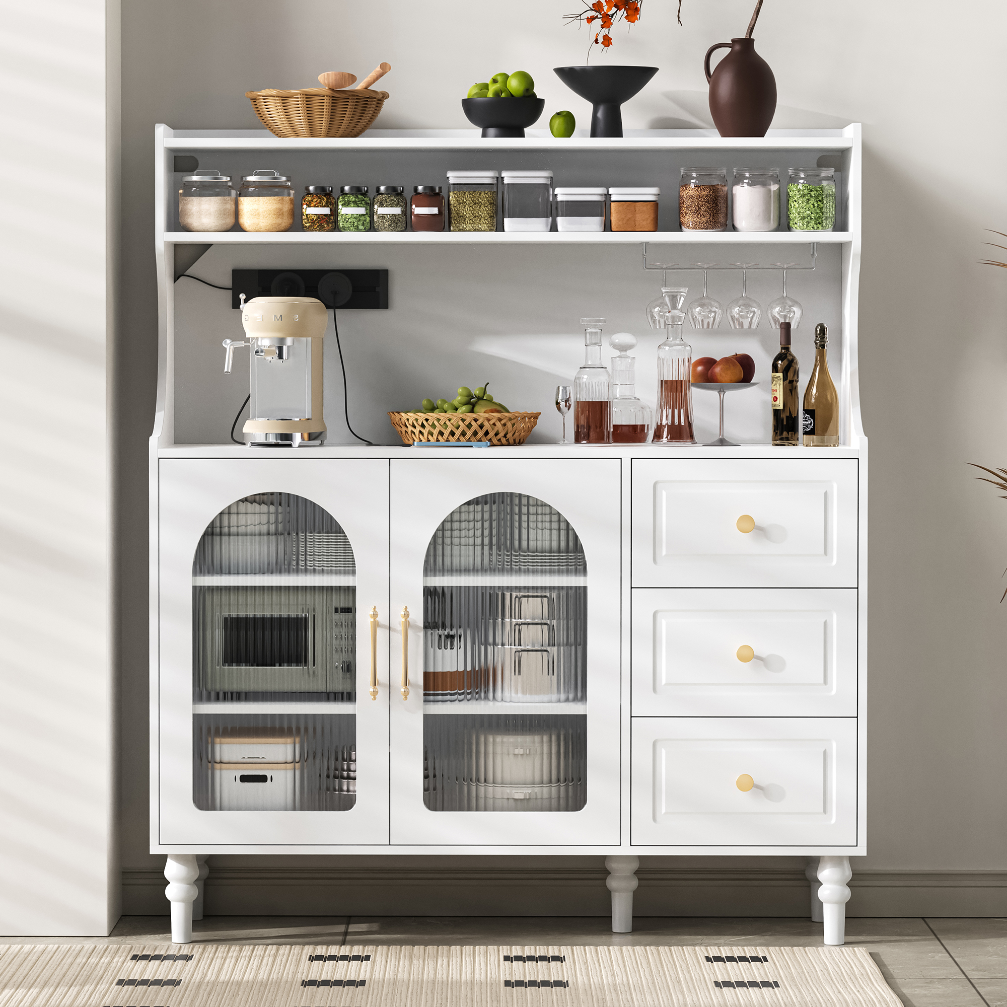 Buffet, rangement intégré, avec tiroirs, prises et recharge intégrées, 120 x 40 x 138,5 cm, verre et MDF, blanc - vue 1