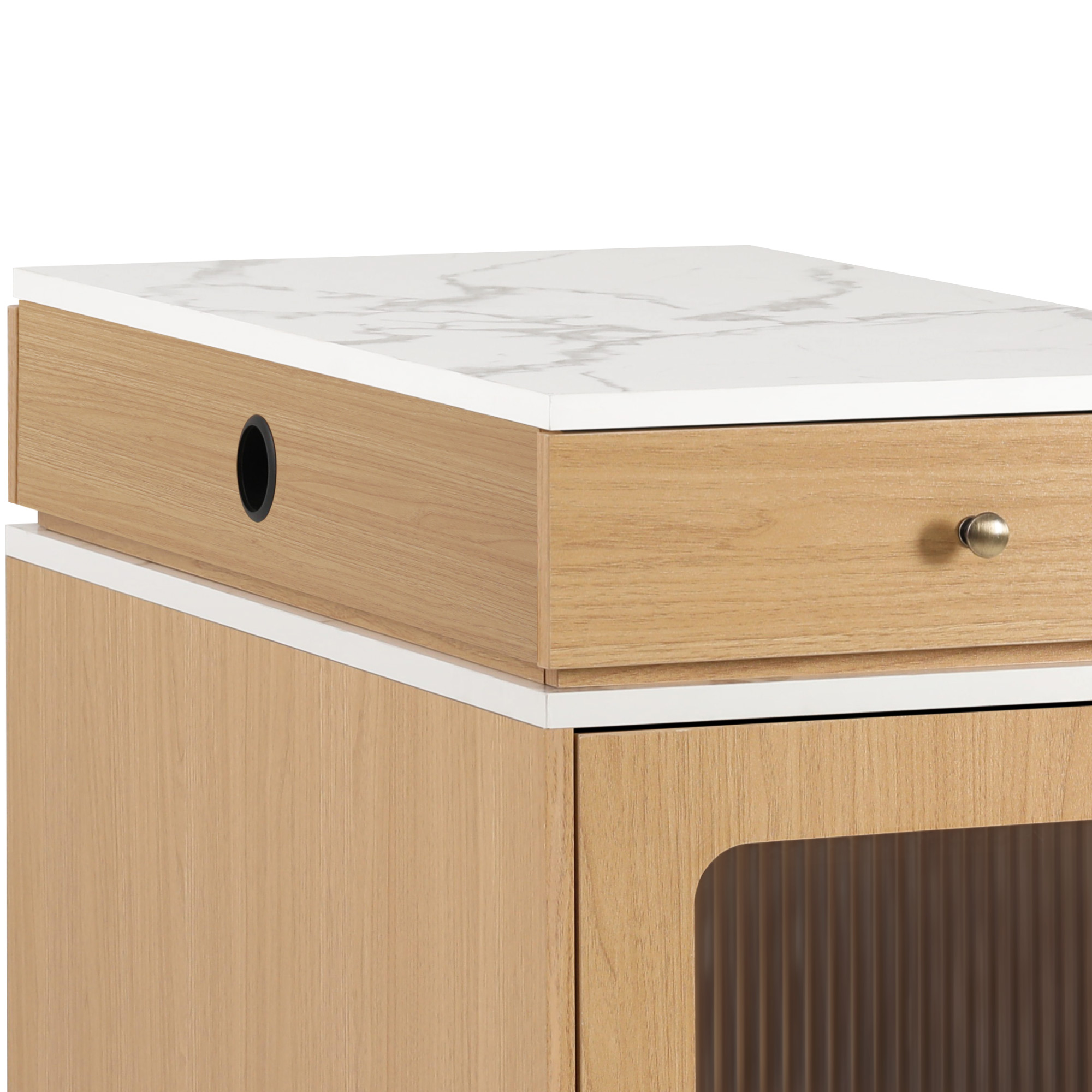 Table à manger extensible design moderne, corps aspect bois naturel, plateau marbre blanc, design flottant, poignées métalliques, portes en verre cannelé, coins arrondis, pour 2 à 4 personnes, pour salle à manger - image 27