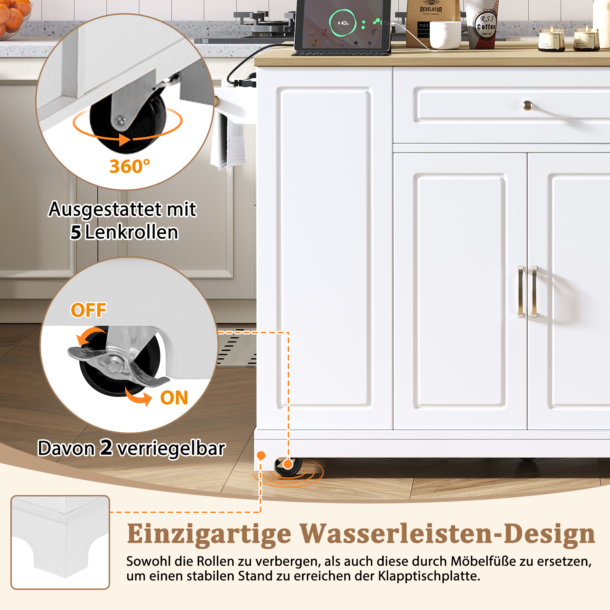 Îlot de cuisine moderne avec plan de travail escamotable 120×40-70 cm, prise intégrée, rangements flexibles, poubelle intégrée, pour cuisine, design européen, beaucoup de stockage, style fonctionnel élégant - image 4