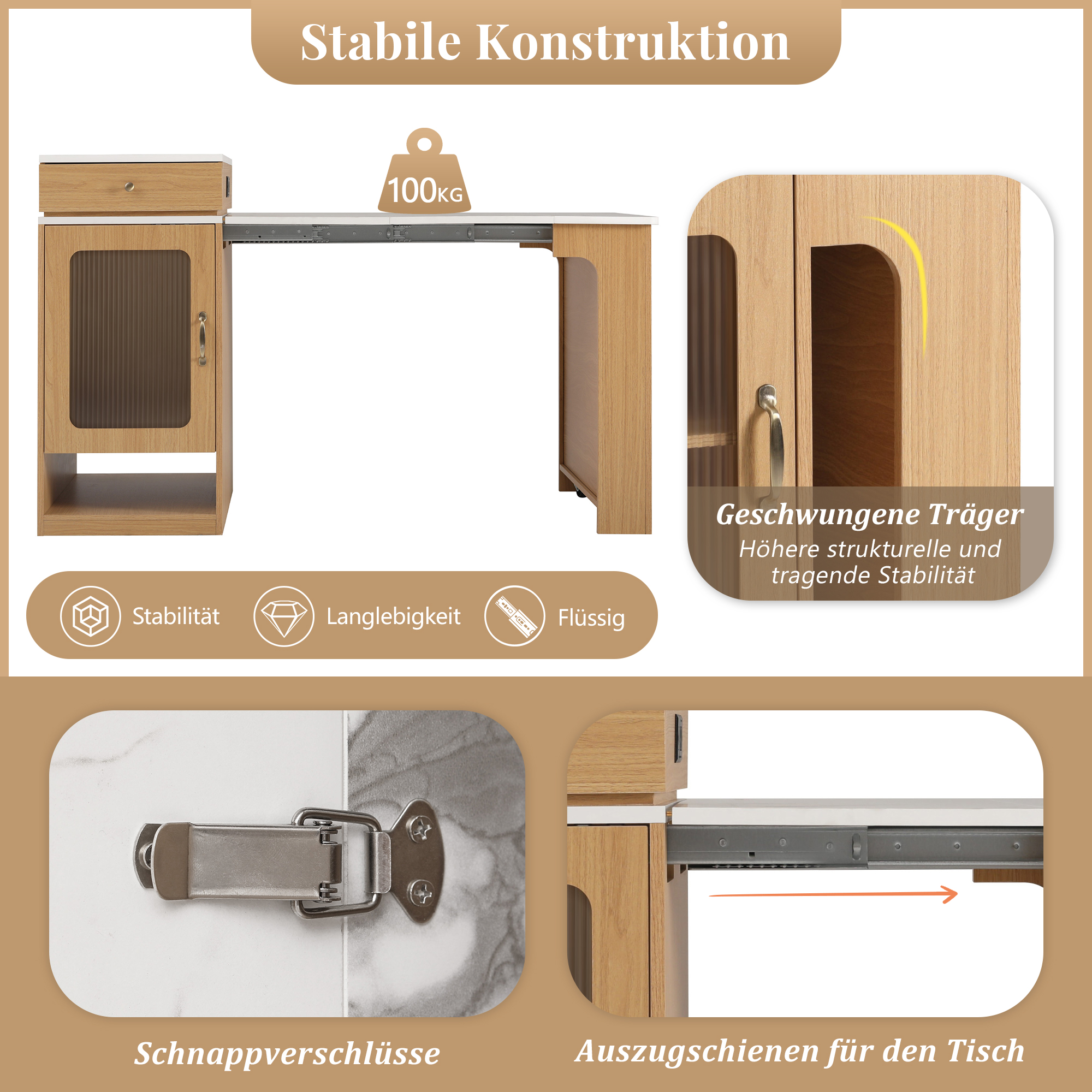 Table à manger extensible design moderne, corps aspect bois naturel, plateau marbre blanc, design flottant, poignées métalliques, portes en verre cannelé, coins arrondis, pour 2 à 4 personnes, pour salle à manger - image 3
