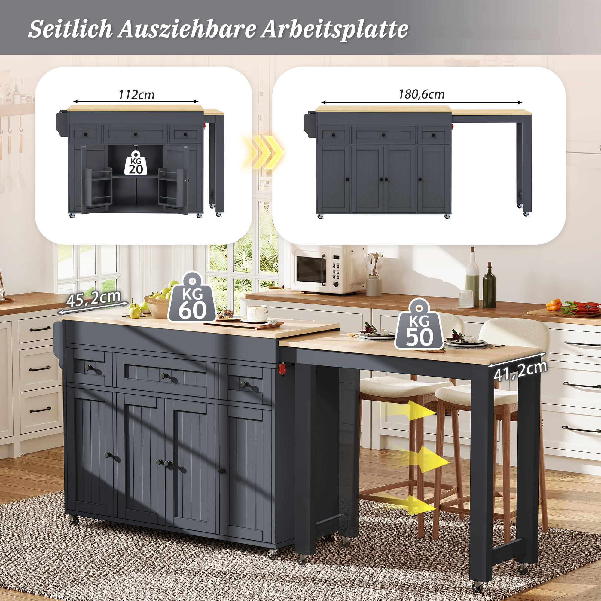 Îlot de cuisine, extensible, mobile sur roulettes, avec tiroirs, 137 x 45,2 x 92 cm, MDF, gris - vue 5