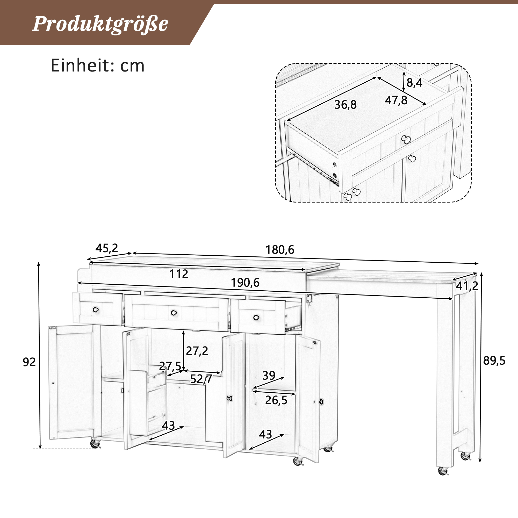 Îlot de cuisine, extensible, mobile sur roulettes, avec tiroirs, 137 x 45,2 x 92 cm, MDF, gris - vue 3