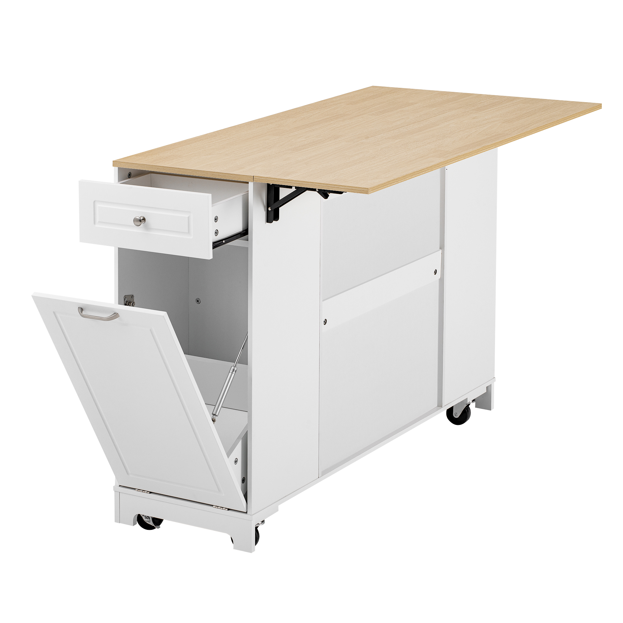 Îlot de cuisine moderne avec plan de travail escamotable 120×40-70 cm, prise intégrée, rangements flexibles, poubelle intégrée, pour cuisine, design européen, beaucoup de stockage, style fonctionnel élégant - image 11