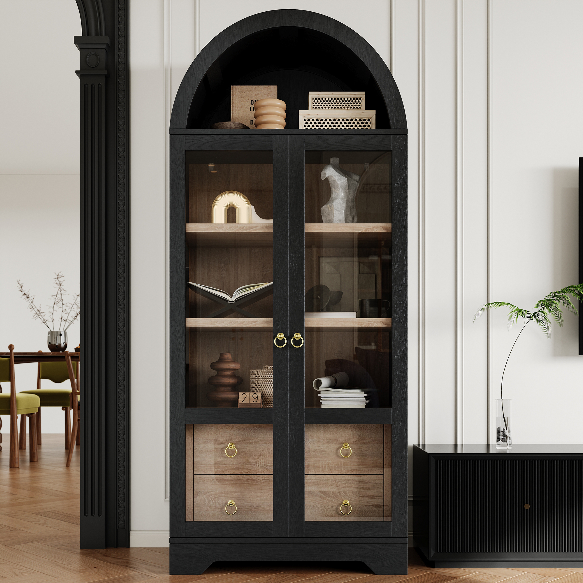 Buffet de rangement, rangement intégré, avec tiroirs, étagères réglables, 76,2 x 40,1 x 180 cm, verre et MDF, transparent - vue 1