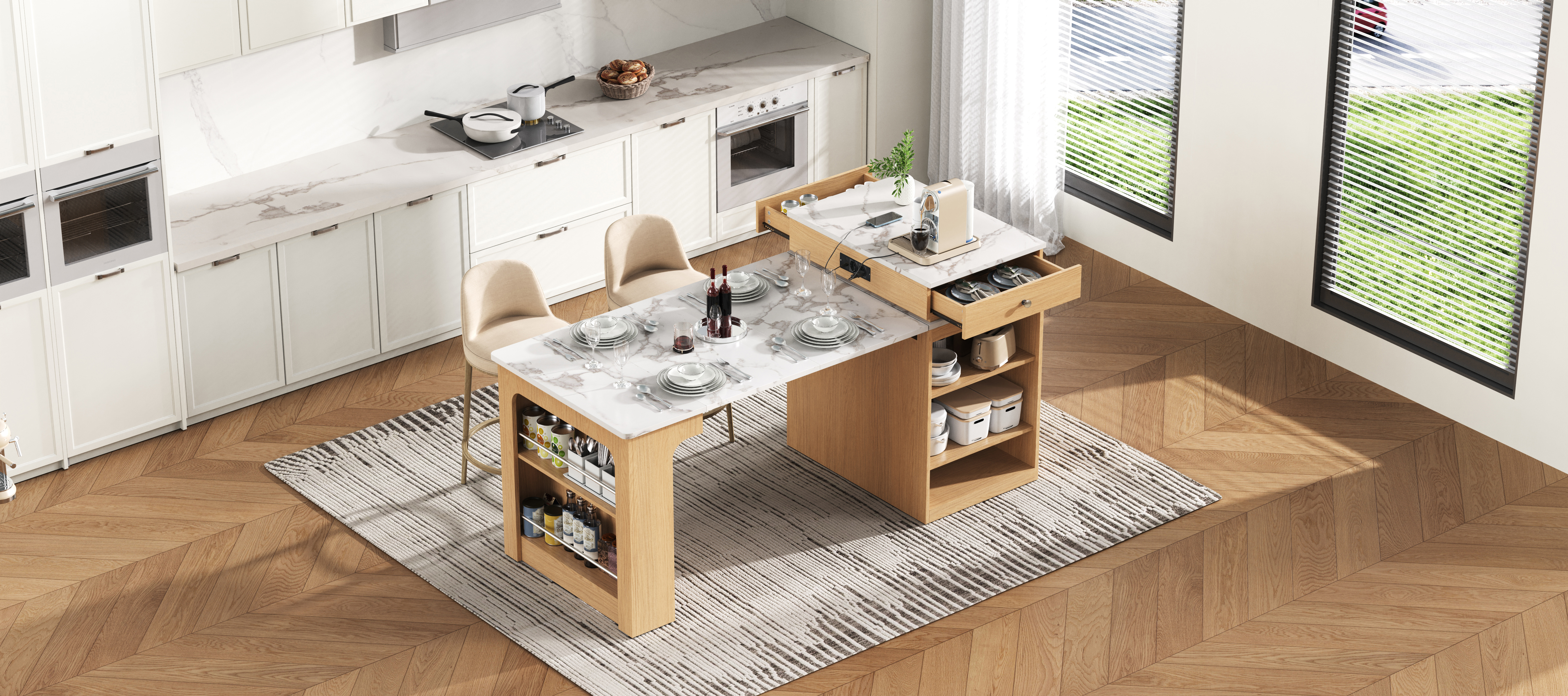 Table à manger extensible design moderne, corps aspect bois naturel, plateau marbre blanc, design flottant, poignées métalliques, portes en verre cannelé, coins arrondis, pour 2 à 4 personnes, pour salle à manger - image 28