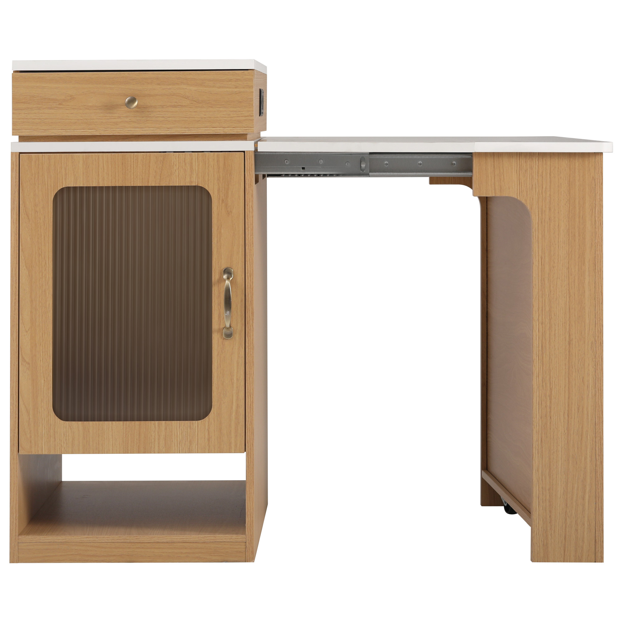 Table à manger extensible design moderne, corps aspect bois naturel, plateau marbre blanc, design flottant, poignées métalliques, portes en verre cannelé, coins arrondis, pour 2 à 4 personnes, pour salle à manger - image 9