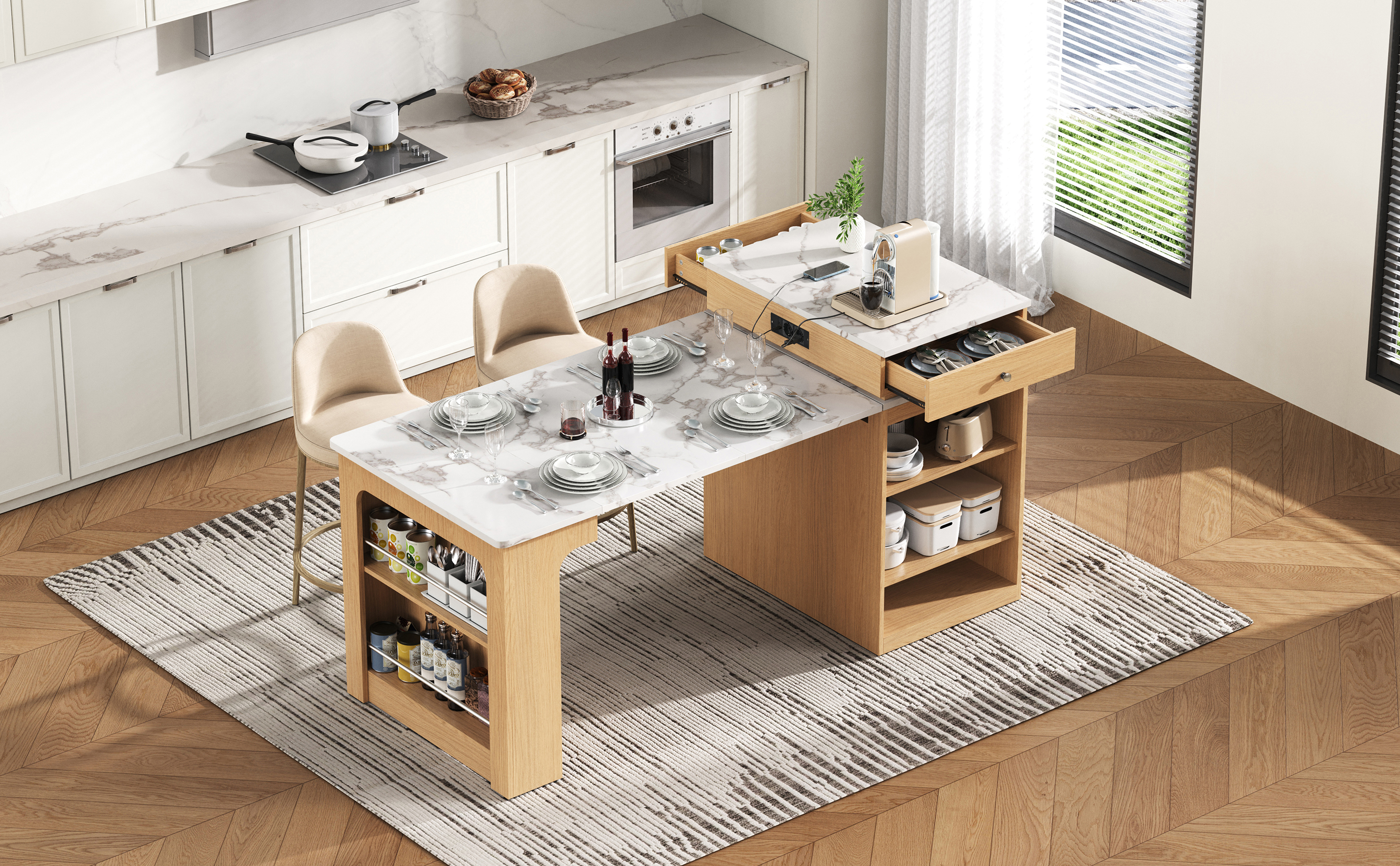 Table à manger extensible design moderne, corps aspect bois naturel, plateau marbre blanc, design flottant, poignées métalliques, portes en verre cannelé, coins arrondis, pour 2 à 4 personnes, pour salle à manger - image 29