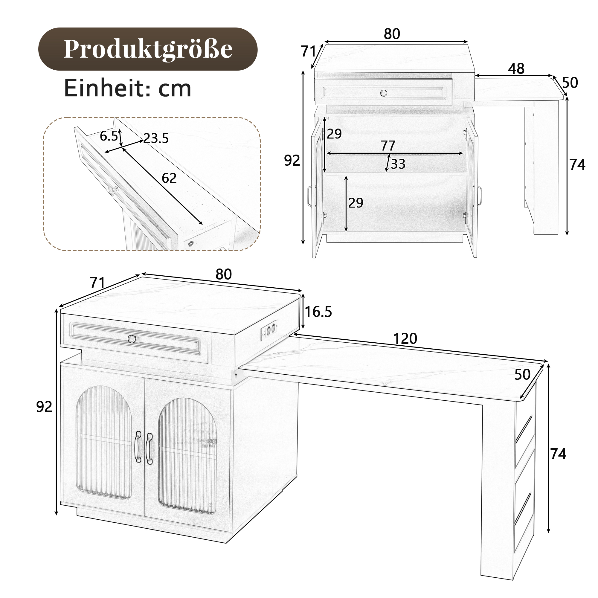 table extensible plateau imitation marbre blanc et meubles suspendus noirs