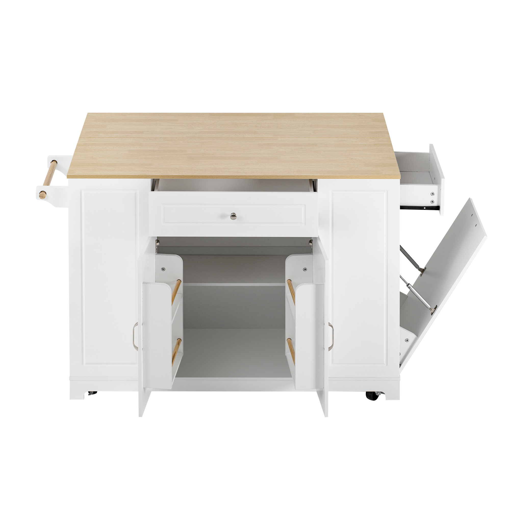Îlot de cuisine moderne avec plan de travail escamotable 120×40-70 cm, prise intégrée, rangements flexibles, poubelle intégrée, pour cuisine, design européen, beaucoup de stockage, style fonctionnel élégant - image 7