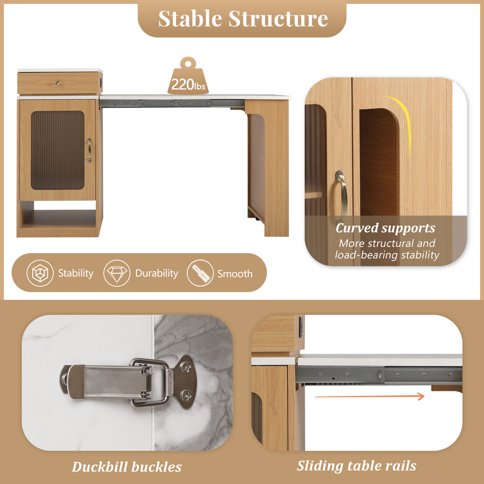 Table à manger extensible design moderne, corps aspect bois naturel, plateau marbre blanc, design flottant, poignées métalliques, portes en verre cannelé, coins arrondis, pour 2 à 4 personnes, pour salle à manger - image 26