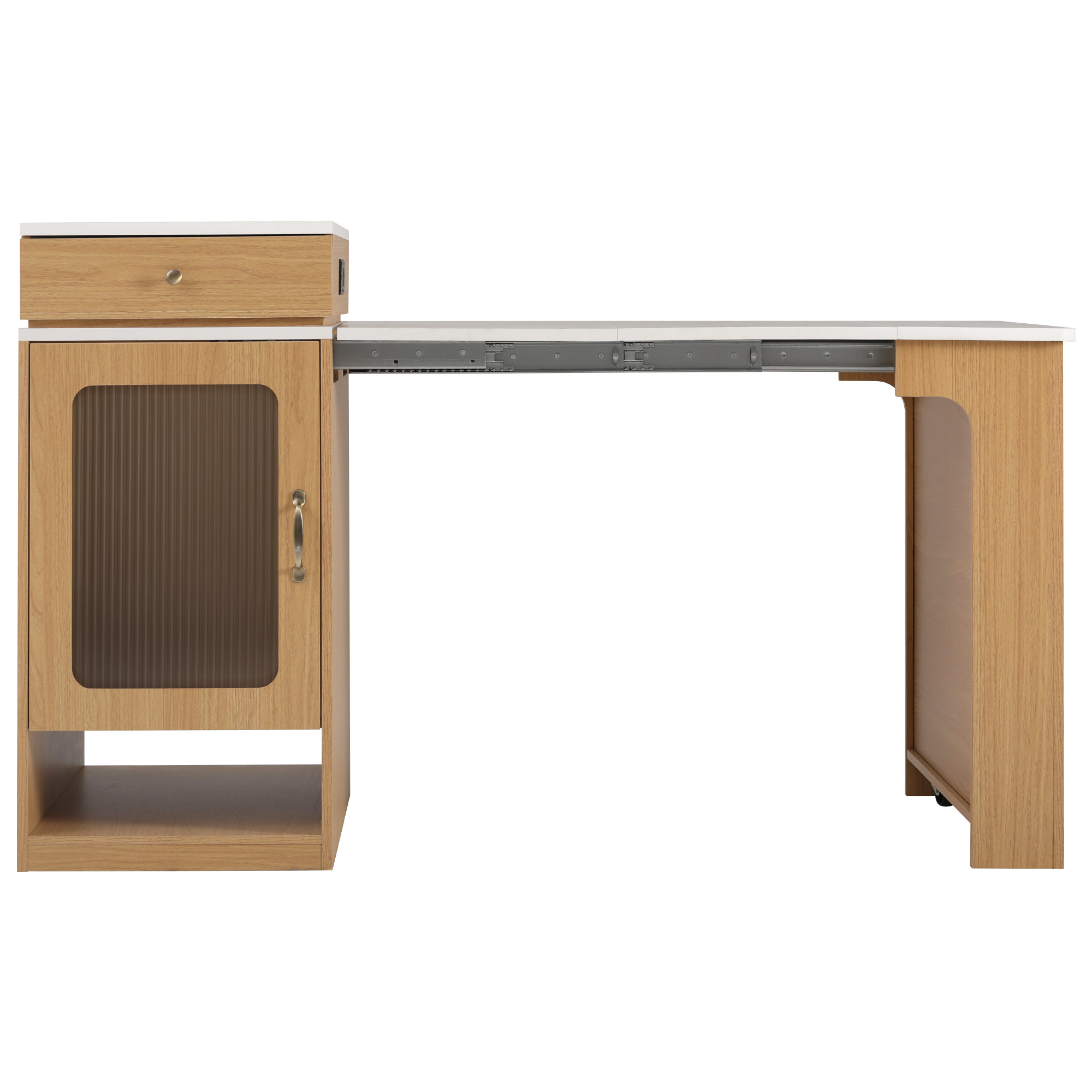 Table à manger extensible design moderne, corps aspect bois naturel, plateau marbre blanc, design flottant, poignées métalliques, portes en verre cannelé, coins arrondis, pour 2 à 4 personnes, pour salle à manger - image 35