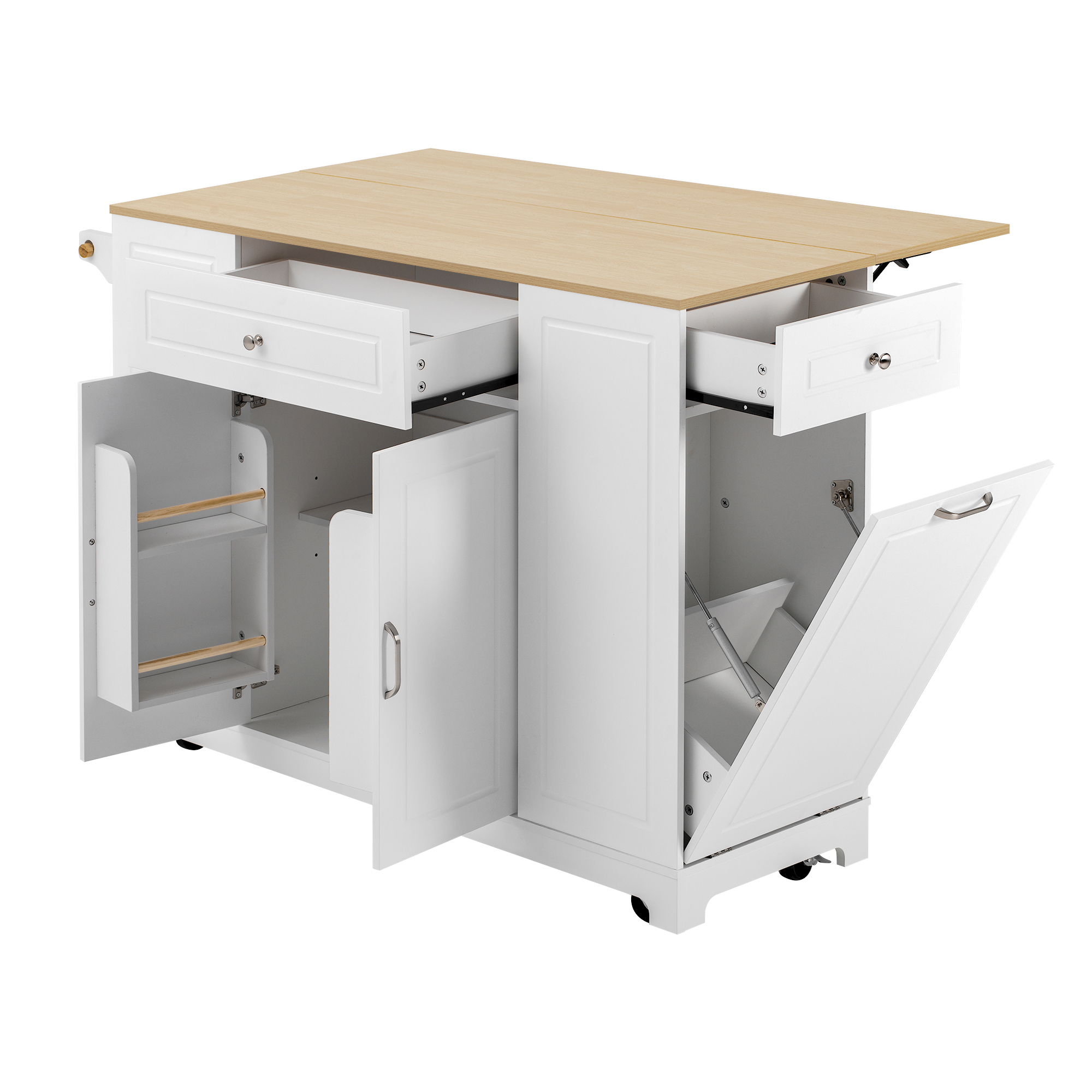 Îlot de cuisine moderne avec plan de travail escamotable 120×40-70 cm, prise intégrée, rangements flexibles, poubelle intégrée, pour cuisine, design européen, beaucoup de stockage, style fonctionnel élégant - image 10