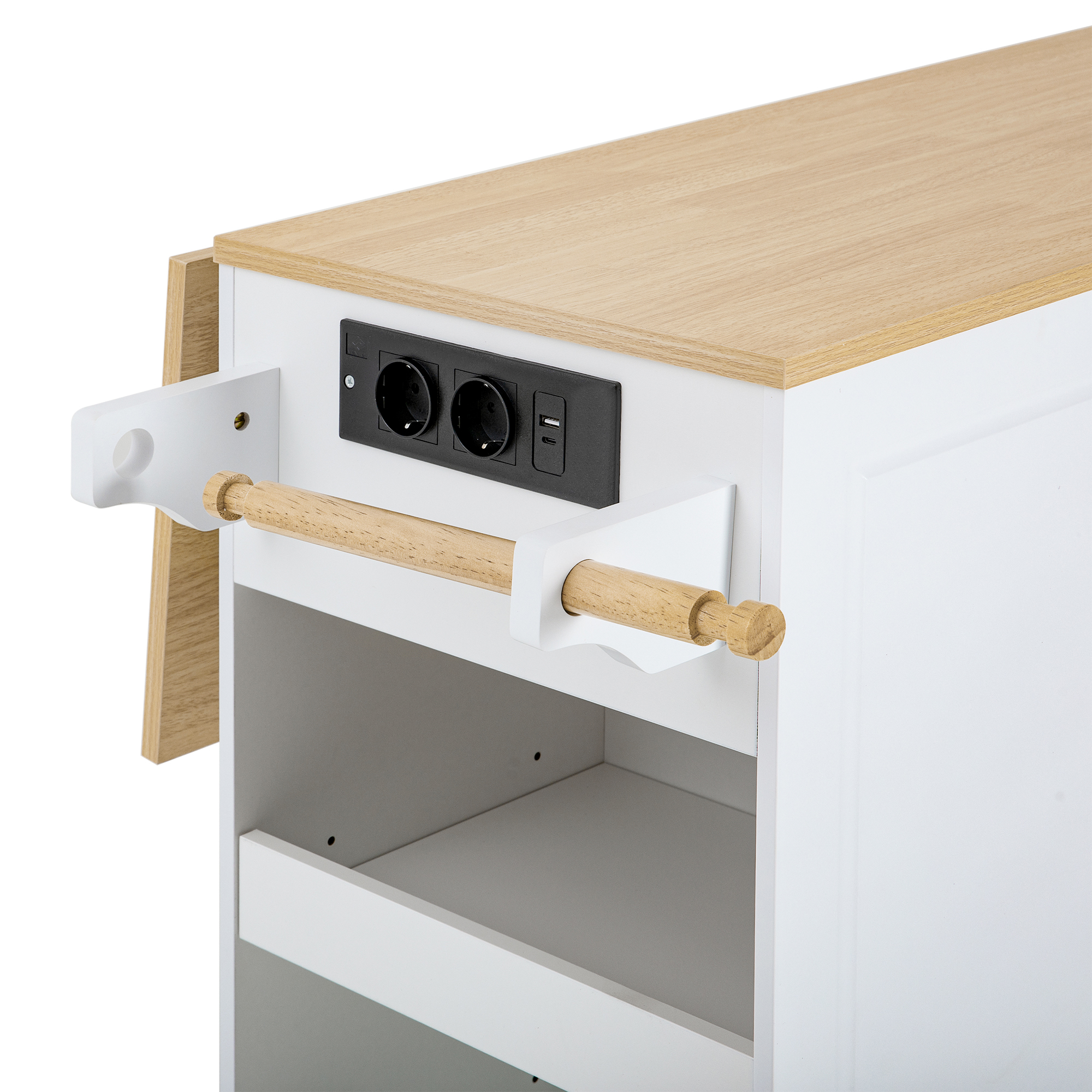 Îlot de cuisine moderne avec plan de travail escamotable 120×40-70 cm, prise intégrée, rangements flexibles, poubelle intégrée, pour cuisine, design européen, beaucoup de stockage, style fonctionnel élégant - image 17