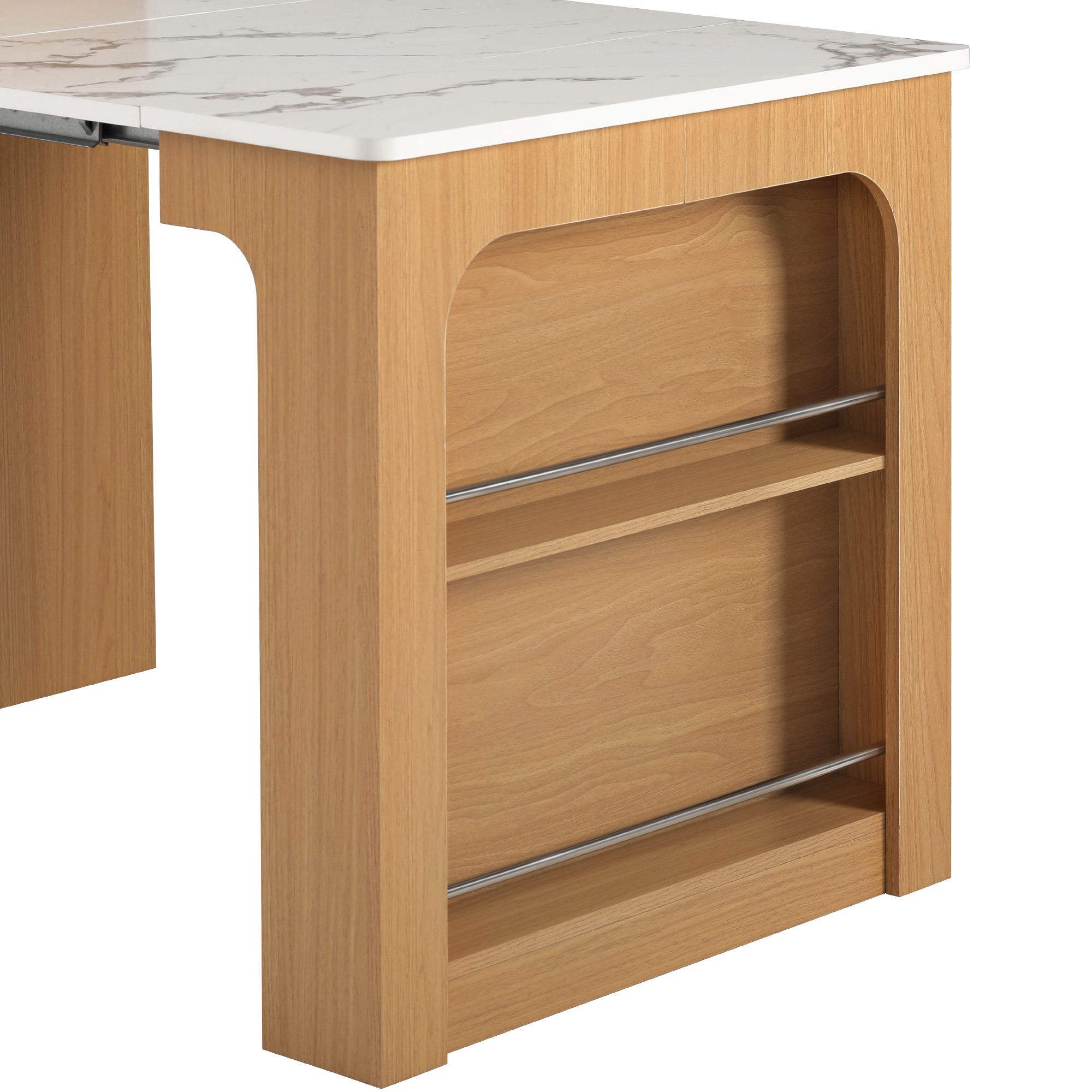 Table à manger extensible design moderne, corps aspect bois naturel, plateau marbre blanc, design flottant, poignées métalliques, portes en verre cannelé, coins arrondis, pour 2 à 4 personnes, pour salle à manger - image 18