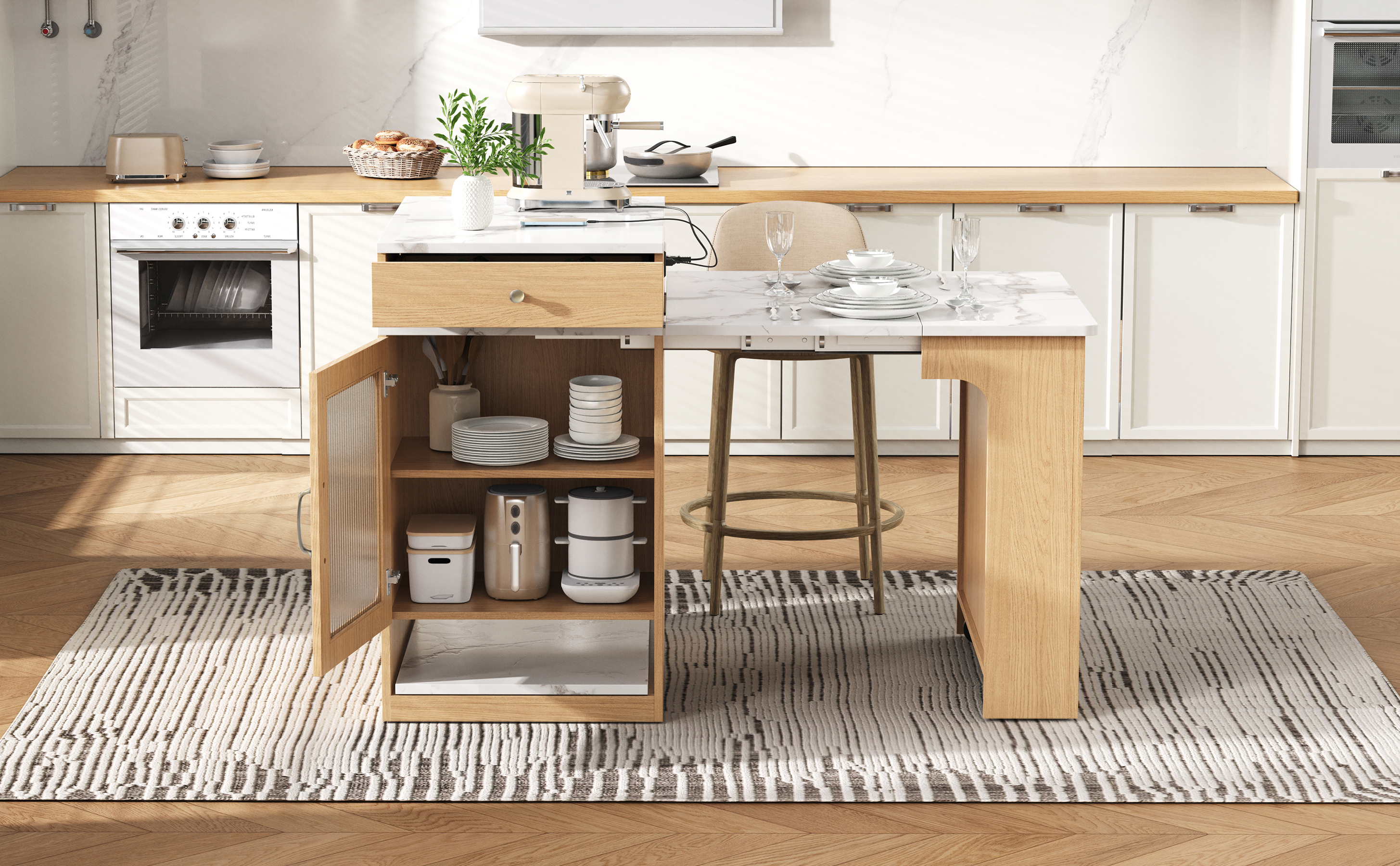 Table à manger extensible design moderne, corps aspect bois naturel, plateau marbre blanc, design flottant, poignées métalliques, portes en verre cannelé, coins arrondis, pour 2 à 4 personnes, pour salle à manger - image 37