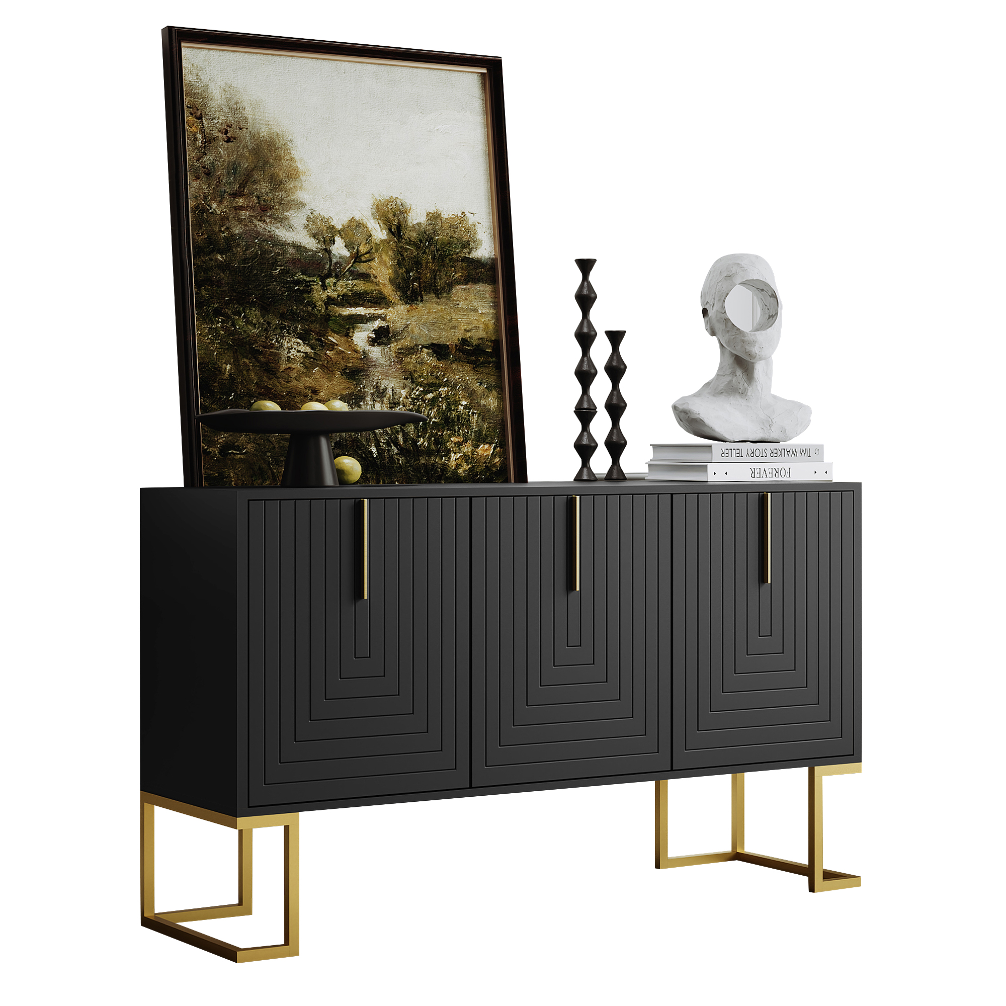 Canapé panoramique, étagères réglables, 138 x 40 x 80,5 cm, métal et MDF, noir - vue 1