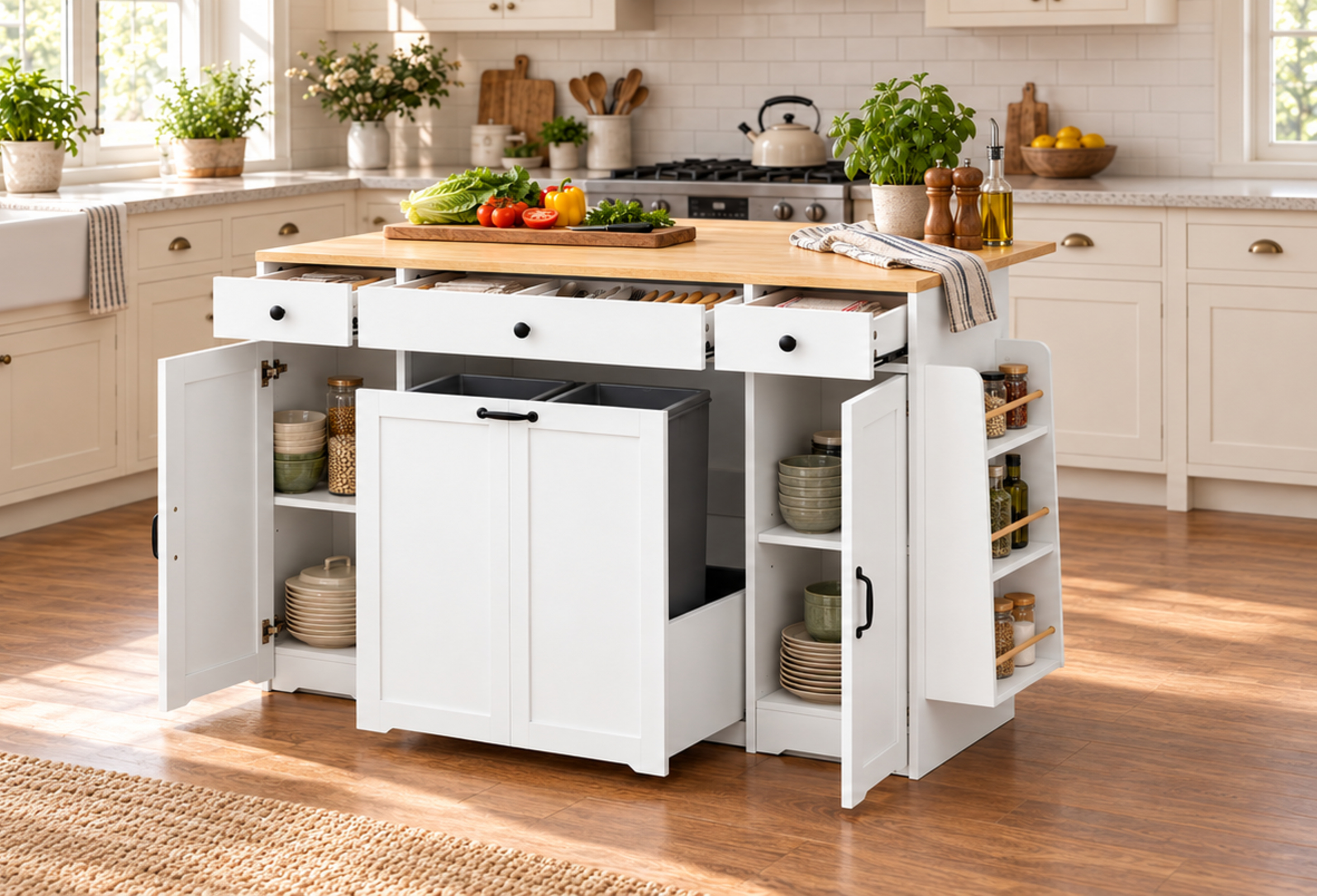 Buffet cuisine blanc avec plateau bois