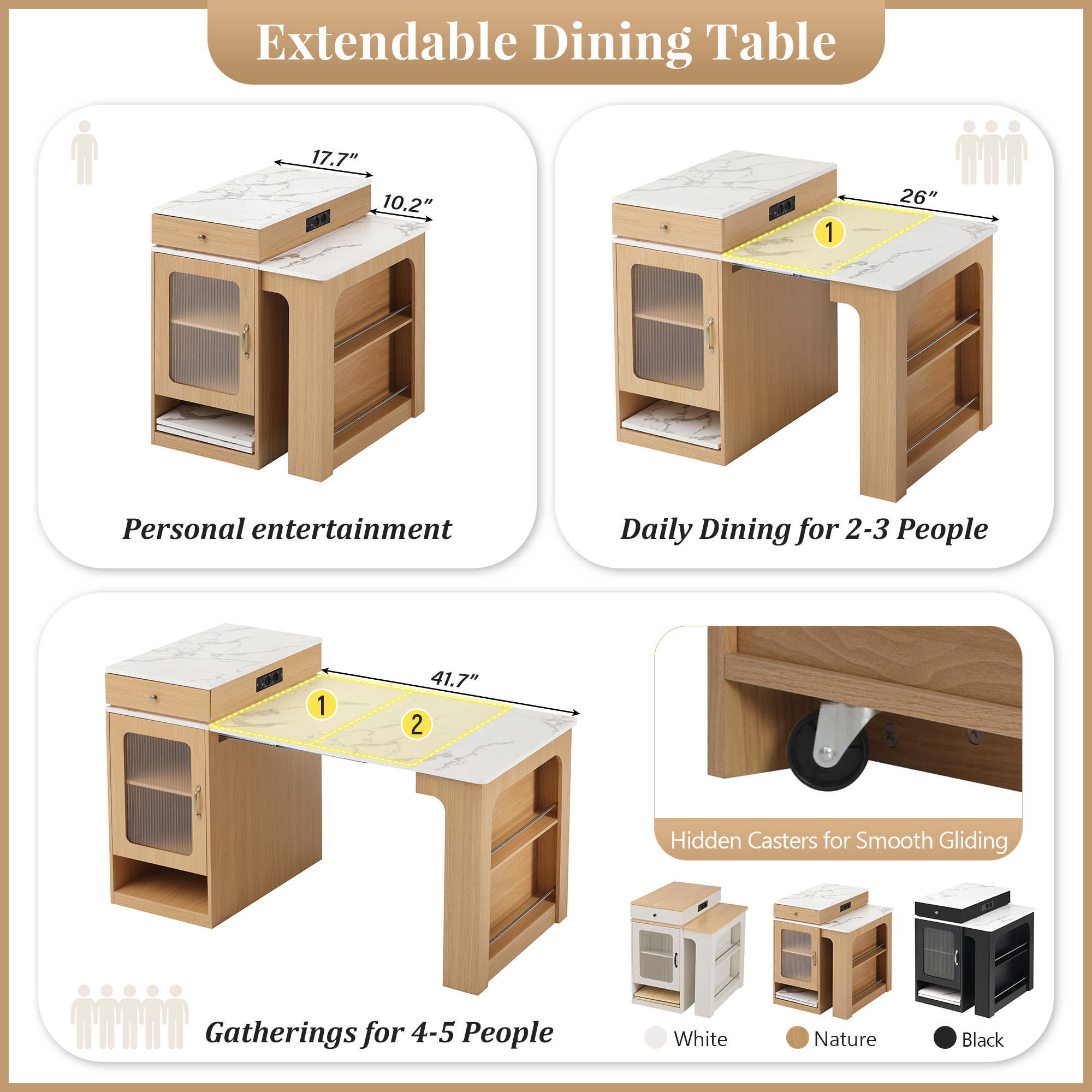Table à manger extensible design moderne, corps aspect bois naturel, plateau marbre blanc, design flottant, poignées métalliques, portes en verre cannelé, coins arrondis, pour 2 à 4 personnes, pour salle à manger - image 25