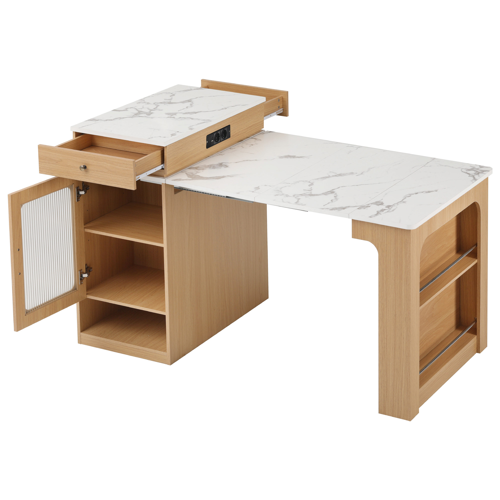 Table à manger extensible design moderne, corps aspect bois naturel, plateau marbre blanc, design flottant, poignées métalliques, portes en verre cannelé, coins arrondis, pour 2 à 4 personnes, pour salle à manger - image 8