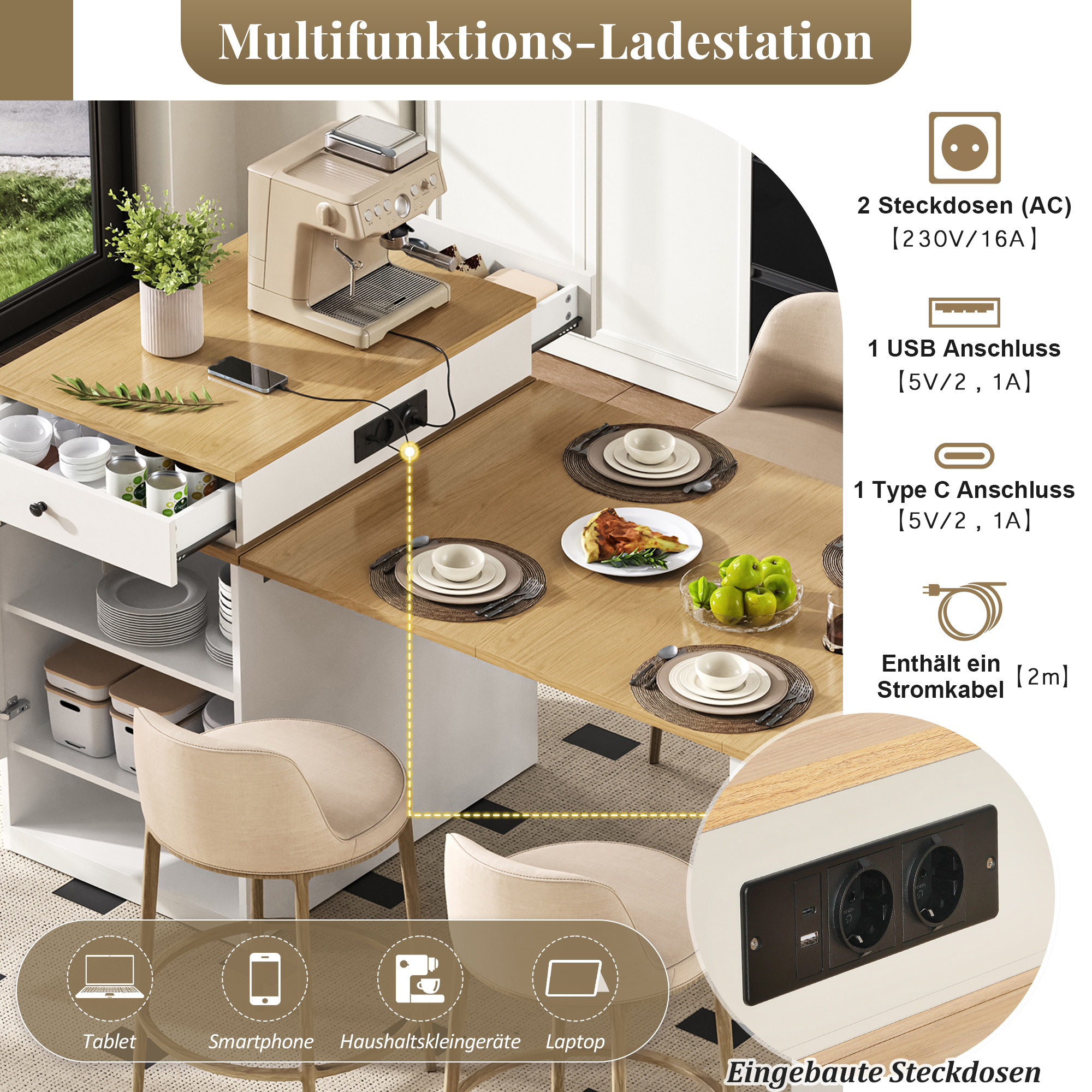 Table à manger extensible, mobile sur roulettes, prises et recharge intégrées, 71 x 80 x 92 cm, verre et MDF, bois naturel - vue 8
