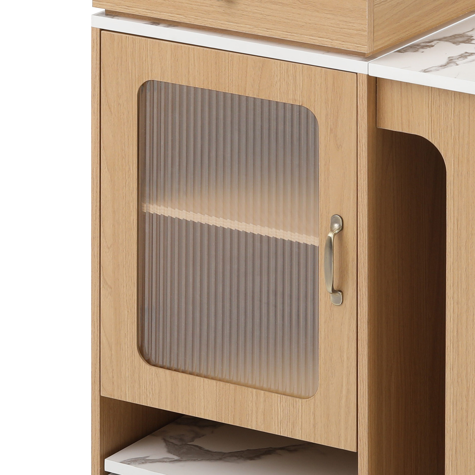 Table à manger extensible design moderne, corps aspect bois naturel, plateau marbre blanc, design flottant, poignées métalliques, portes en verre cannelé, coins arrondis, pour 2 à 4 personnes, pour salle à manger - image 14