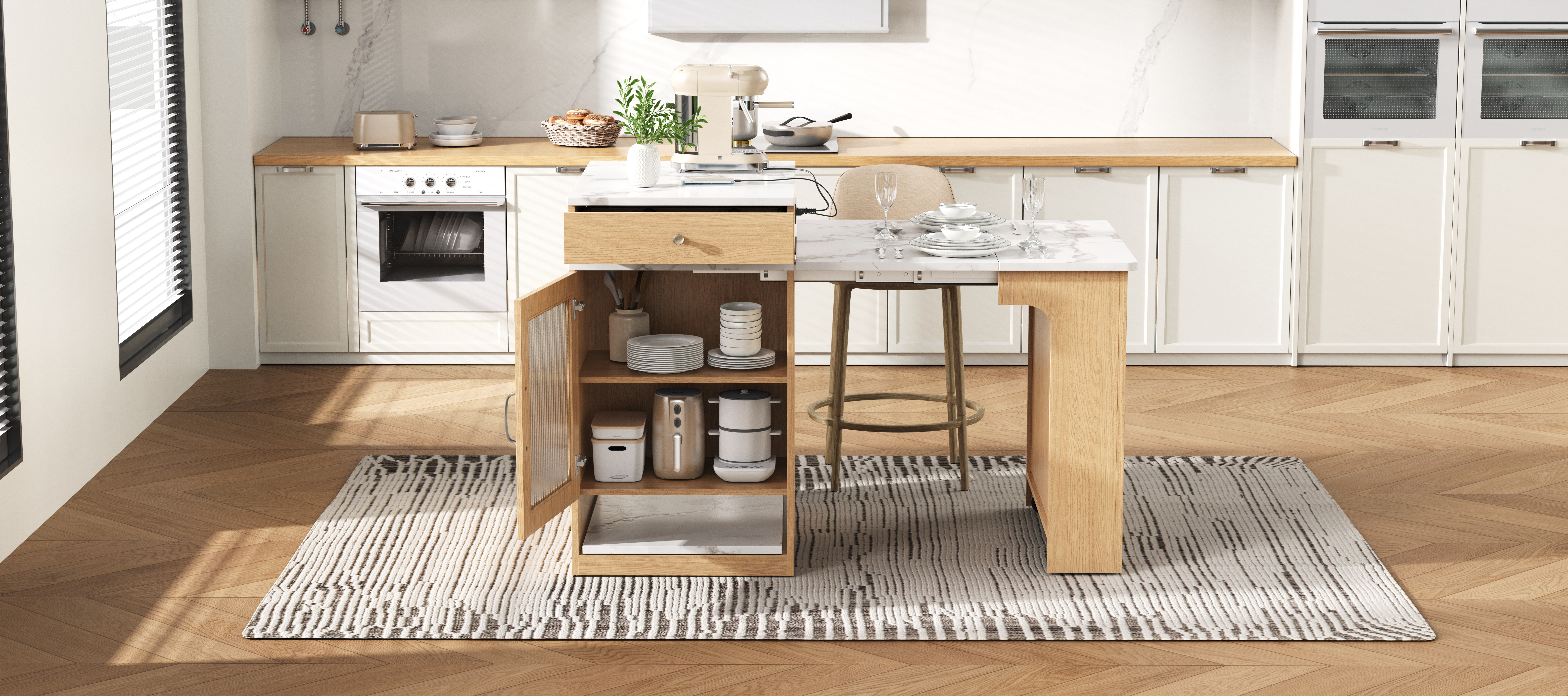 Table à manger extensible design moderne, corps aspect bois naturel, plateau marbre blanc, design flottant, poignées métalliques, portes en verre cannelé, coins arrondis, pour 2 à 4 personnes, pour salle à manger - image 36