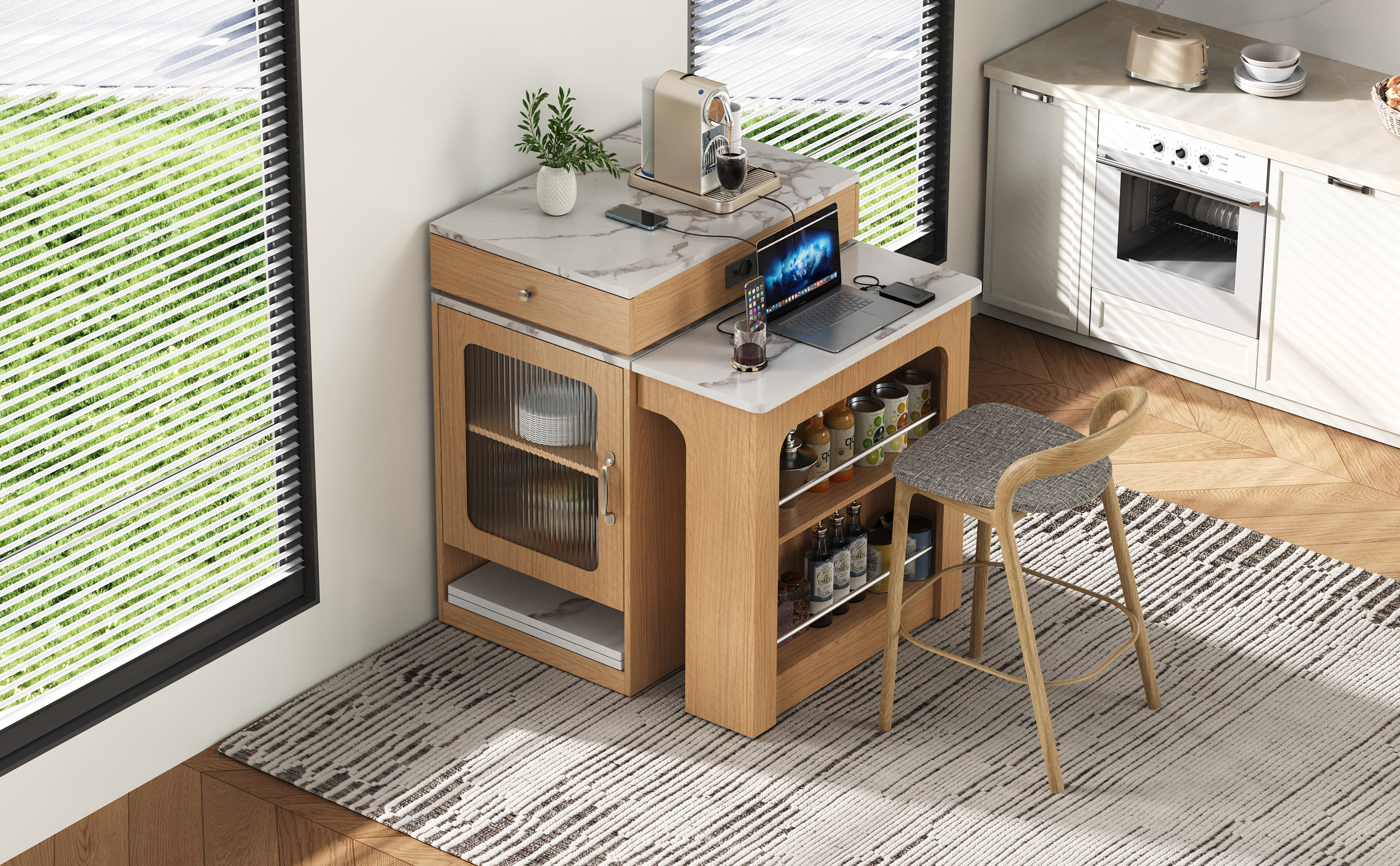 Table à manger extensible design moderne, corps aspect bois naturel, plateau marbre blanc, design flottant, poignées métalliques, portes en verre cannelé, coins arrondis, pour 2 à 4 personnes, pour salle à manger - image 38