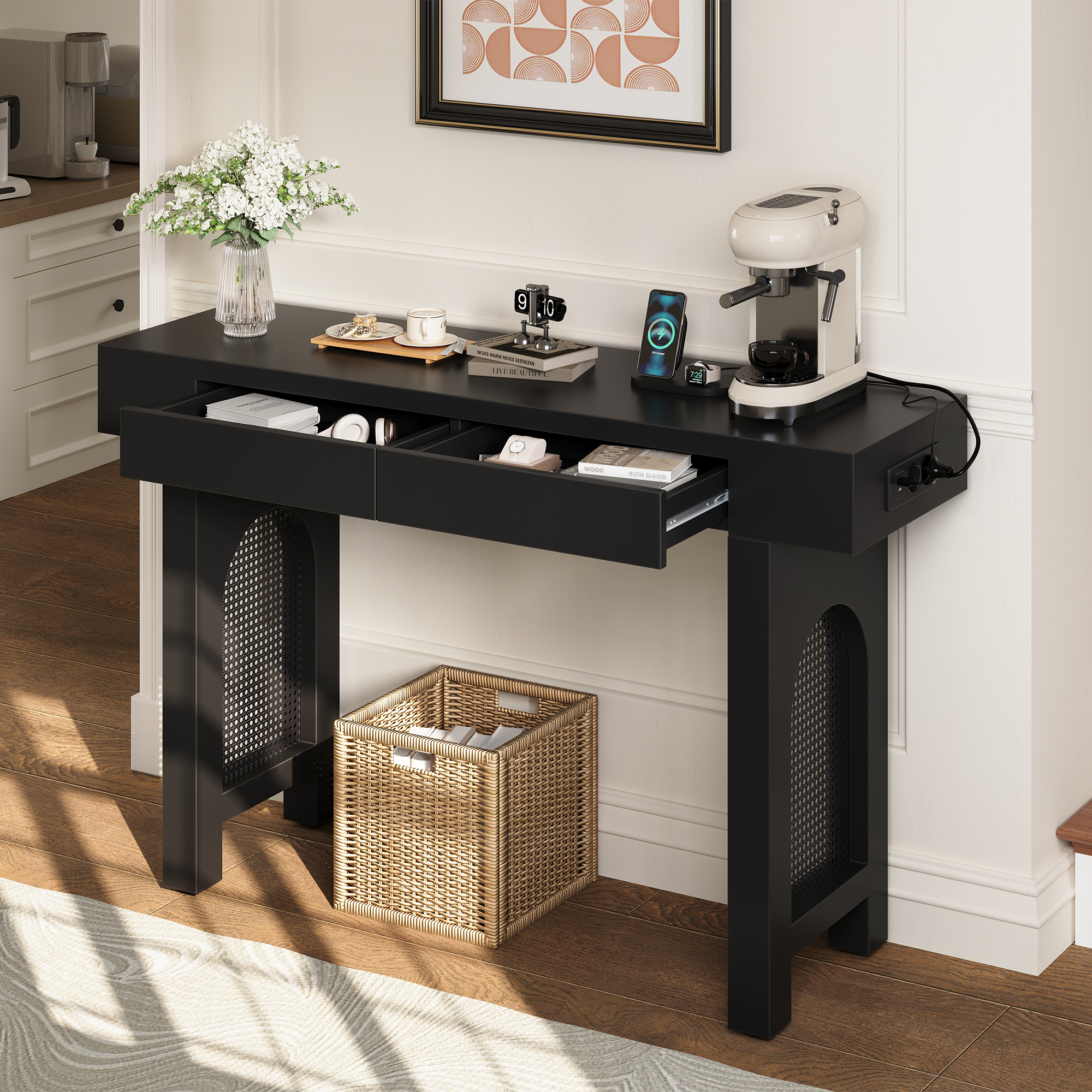 Table basse, avec tiroirs, prises et recharge intégrées, 120 x 35,5 x 76,5 cm, MDF, noir - vue 5