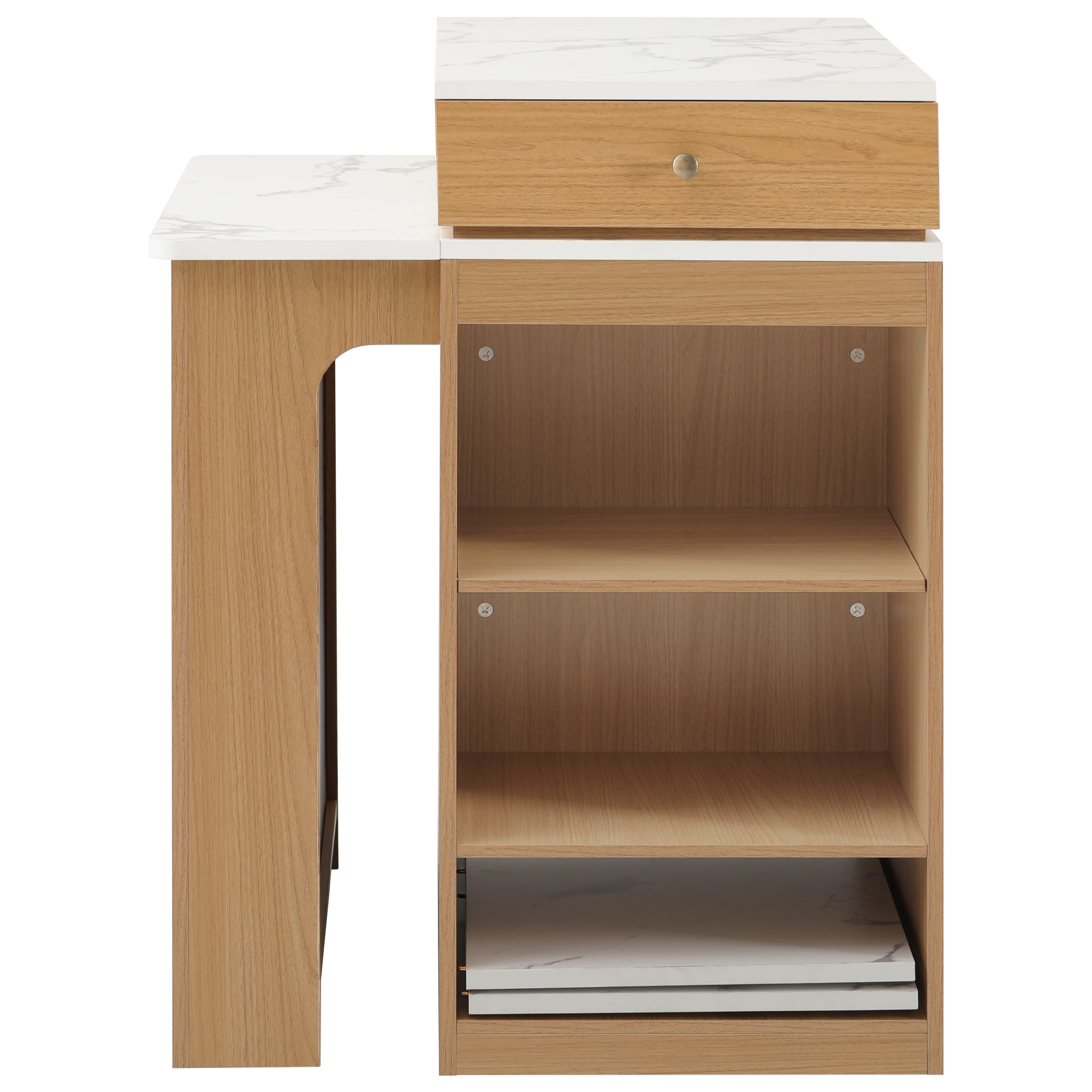 Table à manger extensible design moderne, corps aspect bois naturel, plateau marbre blanc, design flottant, poignées métalliques, portes en verre cannelé, coins arrondis, pour 2 à 4 personnes, pour salle à manger - image 11