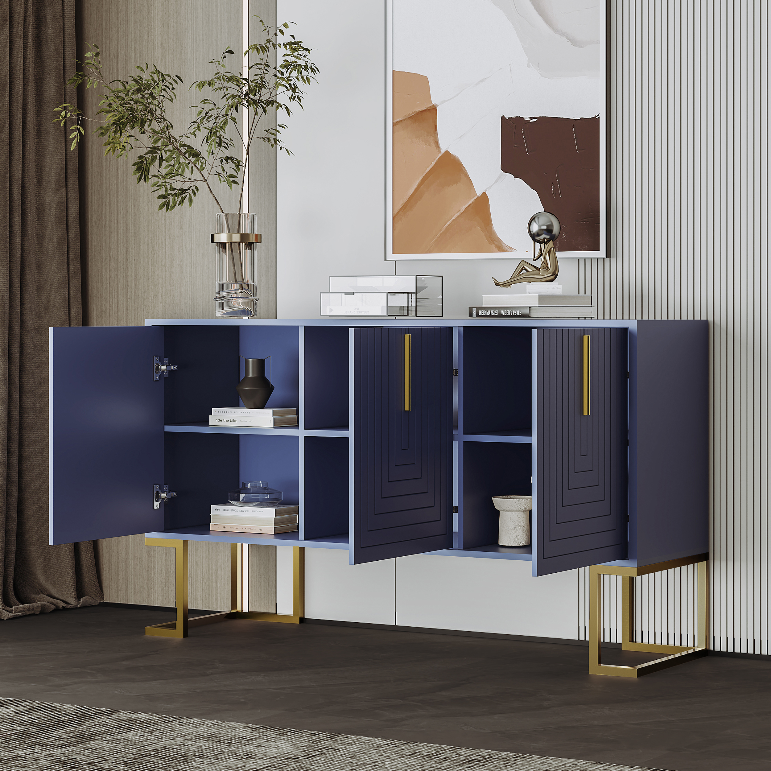 Canapé panoramique, étagères réglables, 138 x 40 x 80,5 cm, métal et MDF, bleu - vue 5